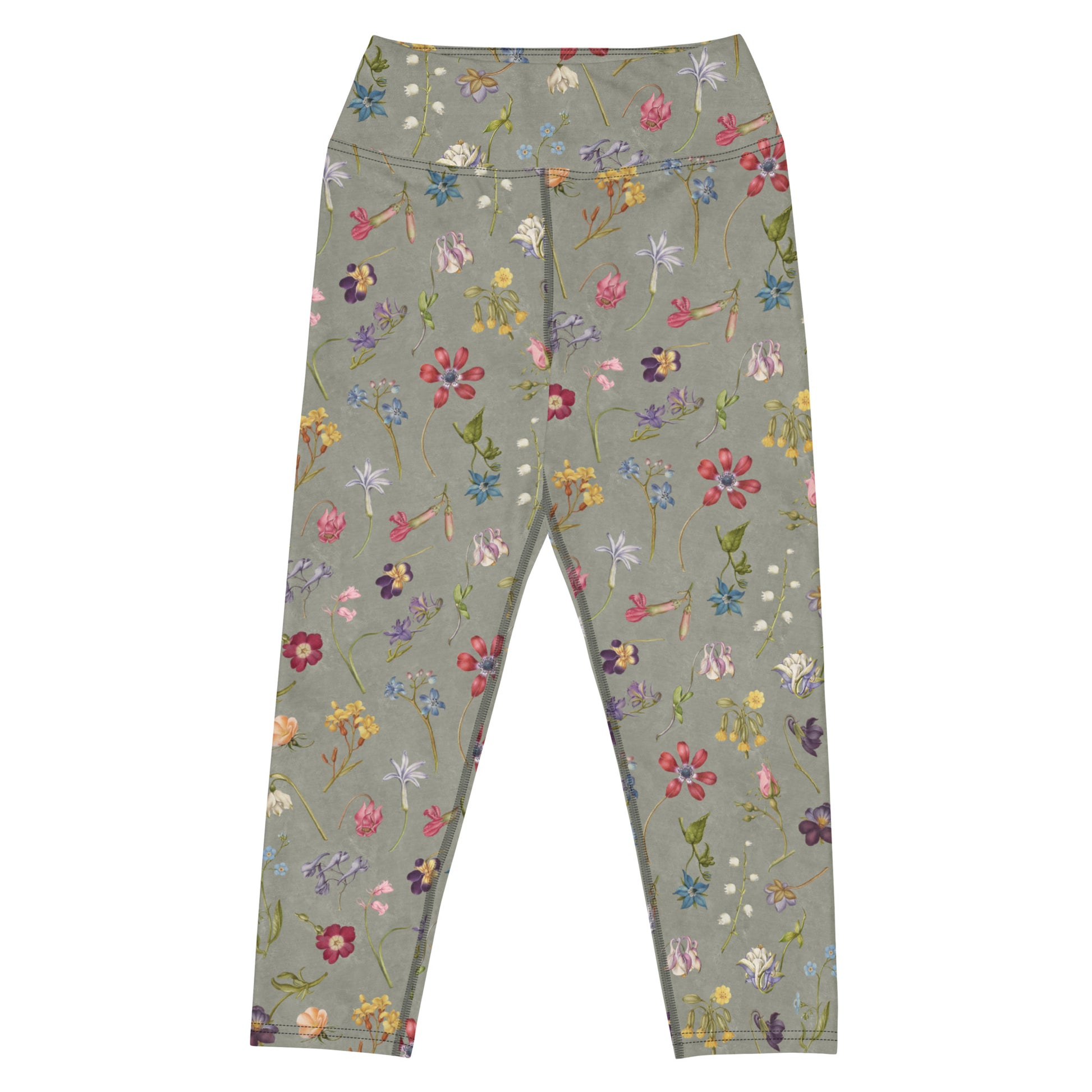 Hibis-Kiss Me Capri Swim Leggings featuring Moody pale blue background with jewel-bright painted flower specimens from a 16th century Flemish illuminated manuscript in rich, vivid colours, women’s capri swim leggings