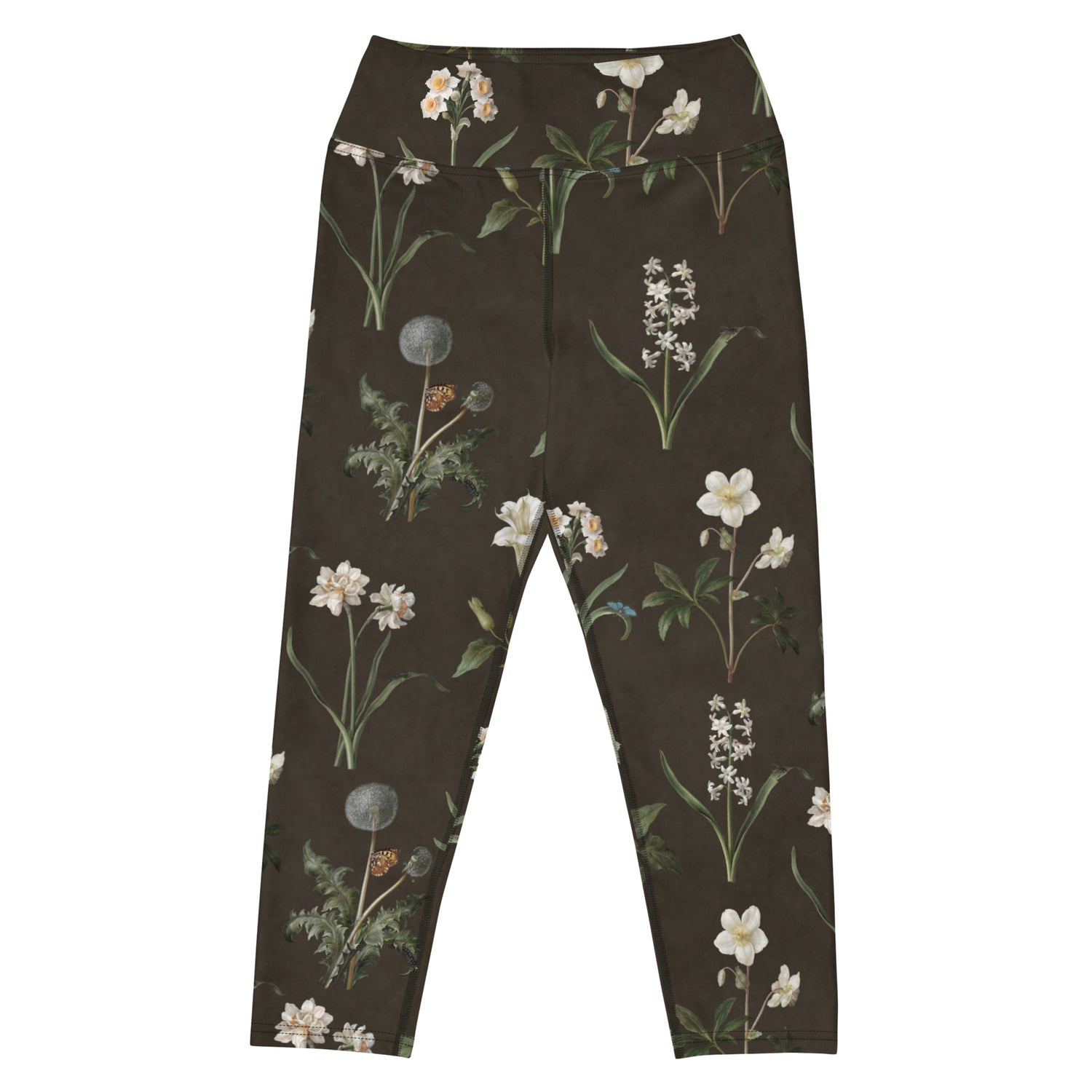 Wild At Hort Capri Swim Leggings featuring Deep dark brown background with precise, luminous white botanical specimen illustrations including a delicate dandelion seed head, in a hushed and contemplative style, women’s capri swim leggings