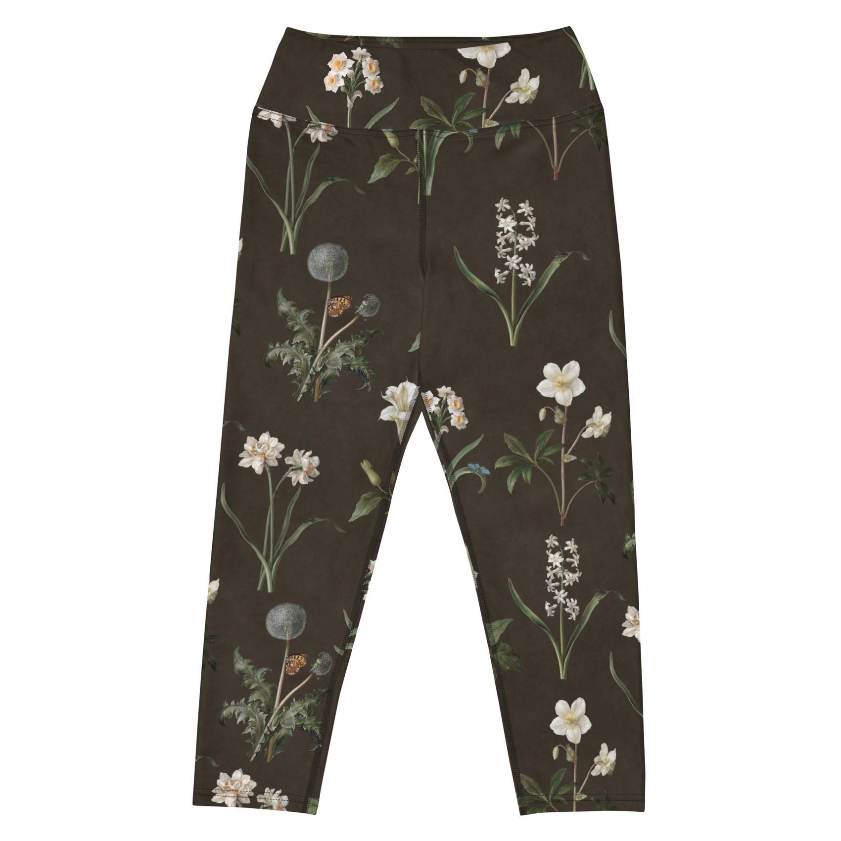 Wild At Hort Capri Swim Leggings featuring Deep dark brown background with precise, luminous white botanical specimen illustrations including a delicate dandelion seed head, in a hushed and contemplative style, women’s capri swim leggings