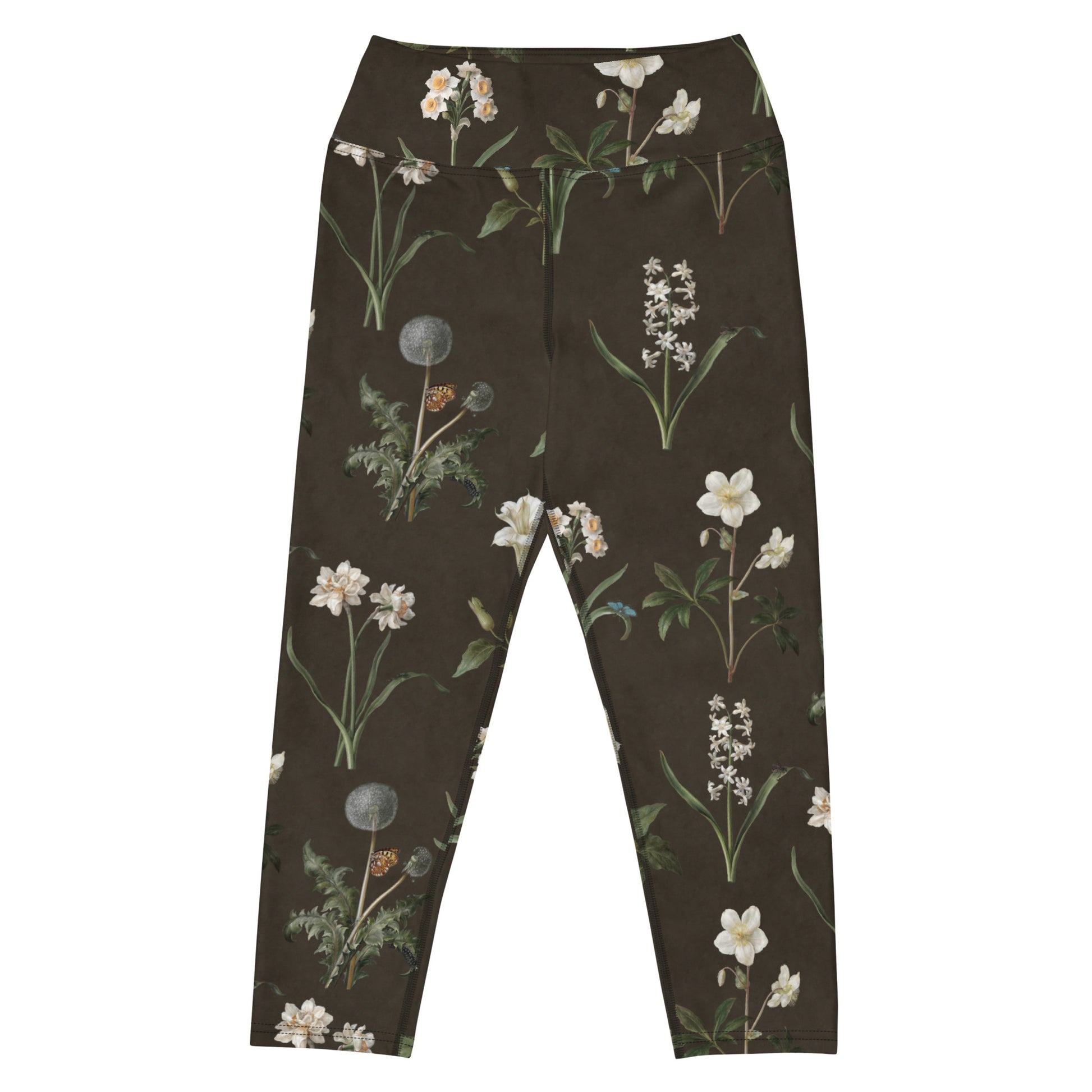 Wild At Hort Capri Swim Leggings featuring Deep dark brown background with precise, luminous white botanical specimen illustrations including a delicate dandelion seed head, in a hushed and contemplative style, women’s capri swim leggings