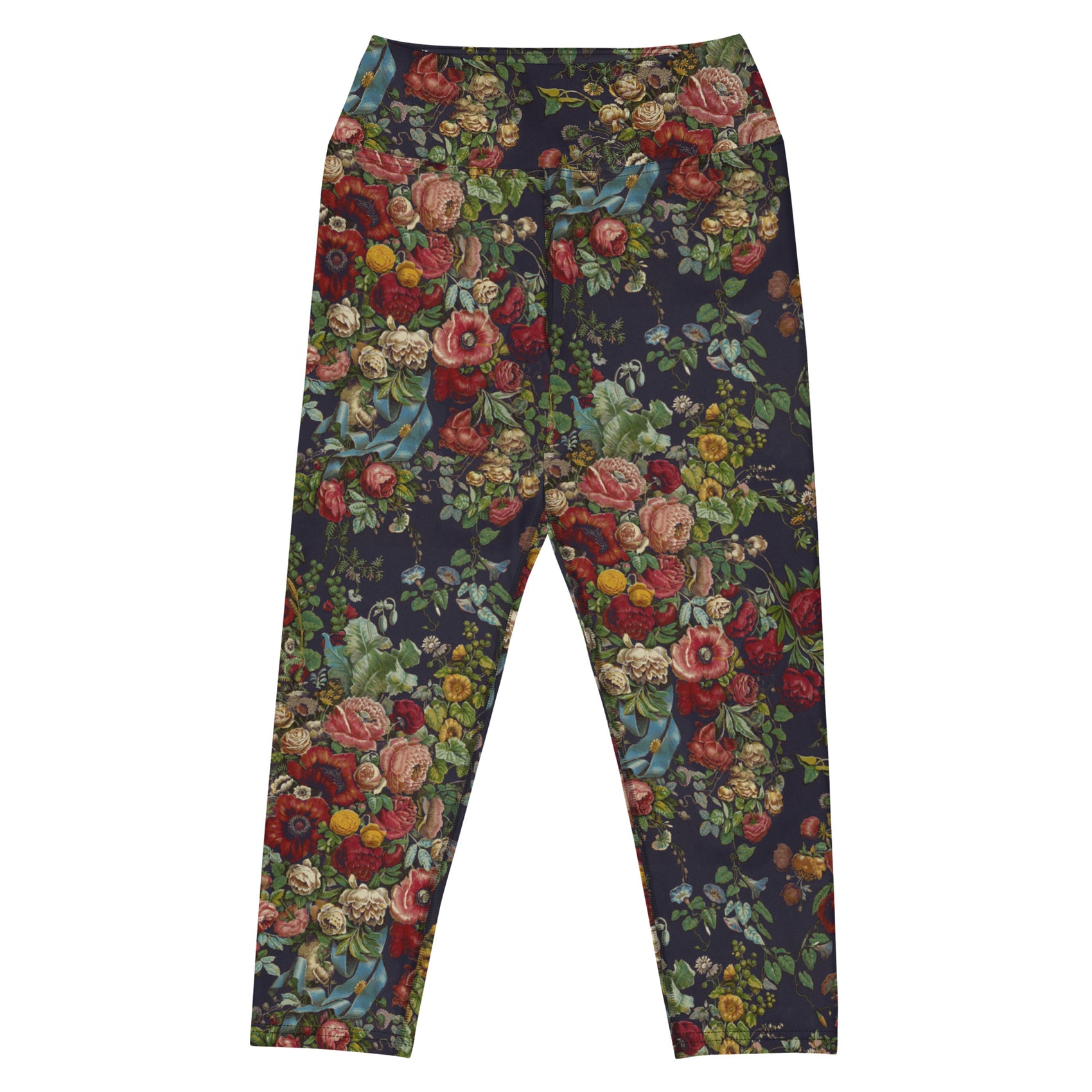 Stop and Smell The Roses Capri Swim Leggings featuring Rich deep indigo background with tumbling opulent cabbage roses in reds and pinks with a delicate blue ribbon detail, adapted from mid 1800s Chintz, women’s capri swim leggings