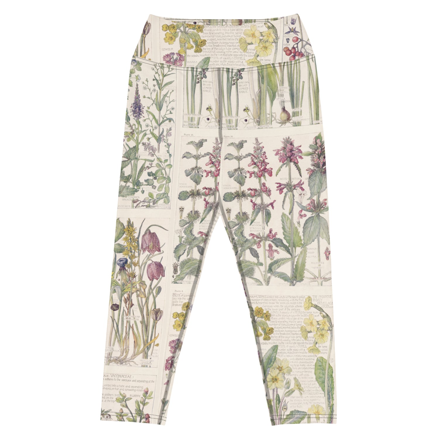 Wild About You Capri Swim Leggings featuring Clean white background with soft, romantic wildflower botanical illustrations in gentle pinks and mauves from an early 1900s British Arts and Crafts publication, women’s capri swim leggings with detailed artwork