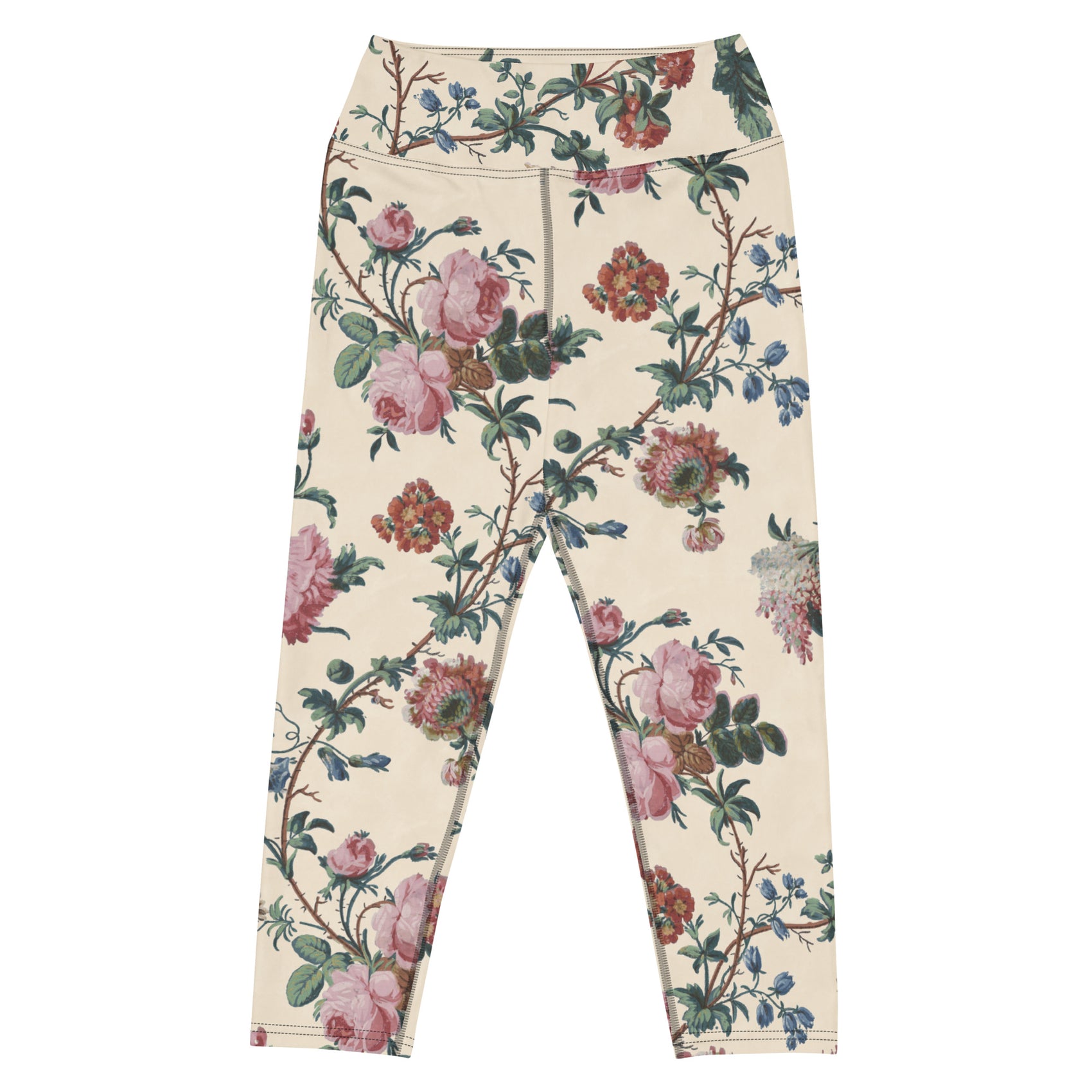 Bud-ding Romance in Cream Capri Swim Leggings featuring Warm cream background with trailing pink roses and blue morning glory on a vine, taken from a 1790 French woodblock printed wallpaper, women’s capri swim leggings