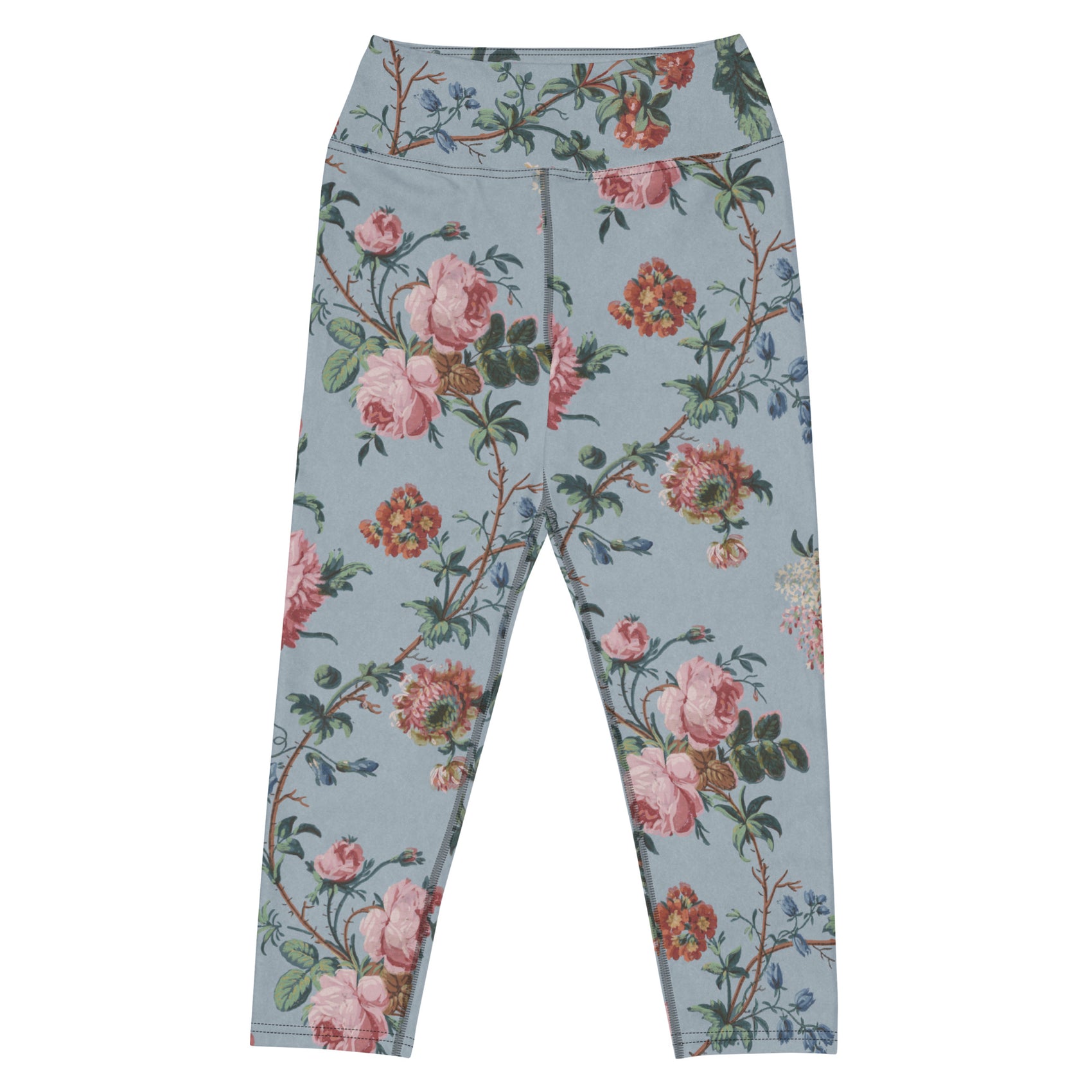 Bud-ding Romance in Blue Capri Swim Leggings featuring Dreamy blue background with trailing pink roses and blue morning glory on a vine, taken from a 1790 French woodblock printed wallpaper, women’s capri swim leggings