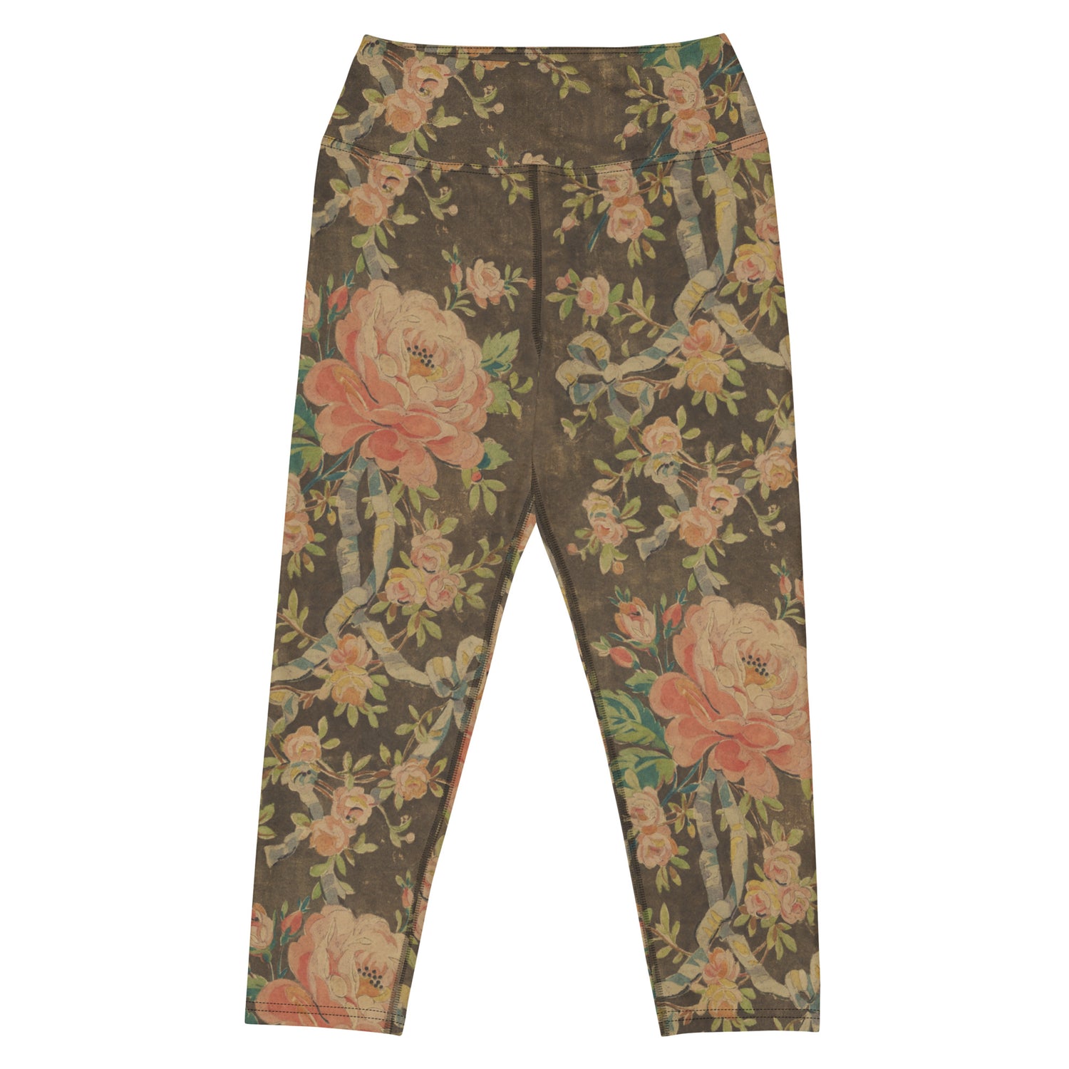Everything's Coming Up Roses Capri Swim Leggings featuring Rich brown background with trailing pink roses and a delicate blue ribbon border design, adapted from a 1780 French decorative watercolour, women’s capri swim leggings