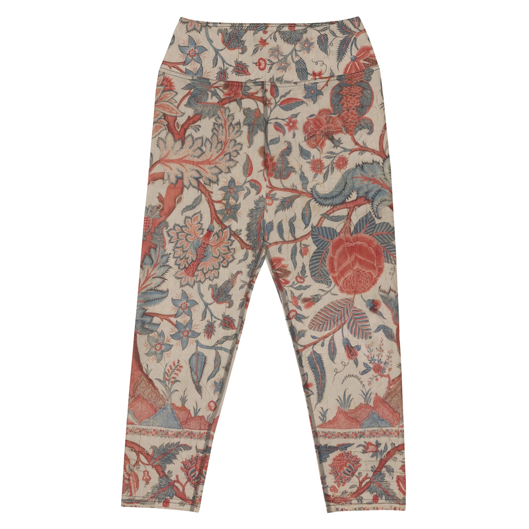 Chintz Charming Capri Swim Leggings featuring Rich red and warm cream intricate hand-painted Tree of Life pattern adapted from an 18th century Indian Palampore textile, women’s capri swim leggings