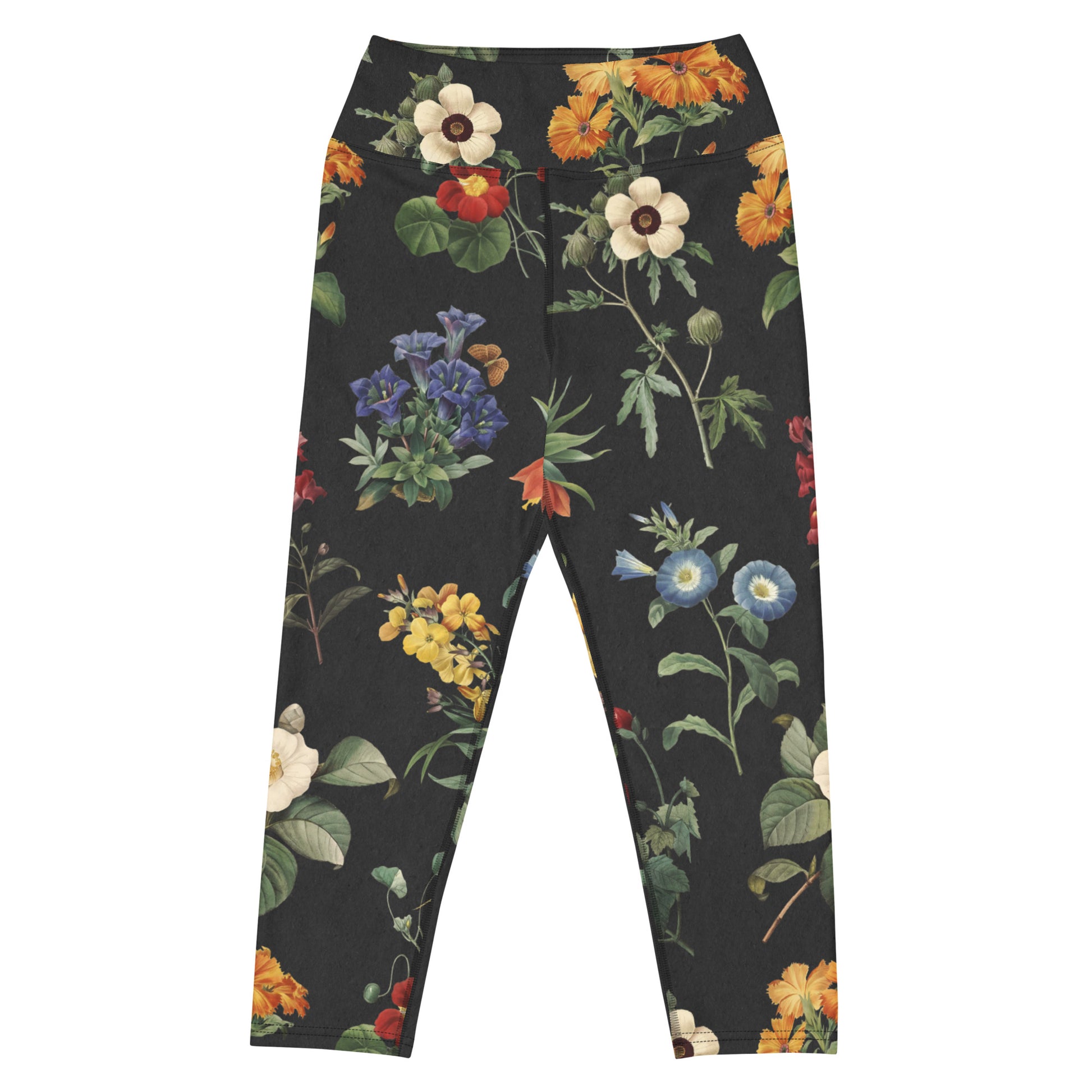 I Beg Your Garden Capri Swim Leggings featuring Bold black background with the full rich colour palette of Pierre-Joseph Redouté's celebrated 19th century royal botanical illustrations in jewel-bright tones, women’s capri swim leggings