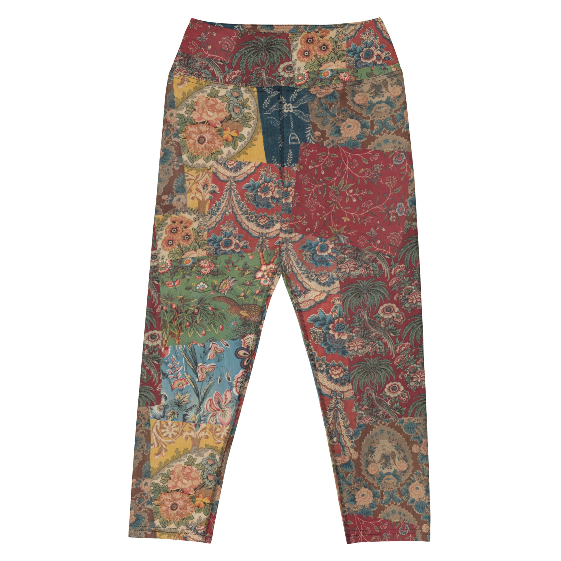 Fragments Of My Heart Capri Swim Leggings featuring Bold eclectic patchwork of antique quilt and fabric remnants in rich reds with hints of blue, green and yellow in a warm, gloriously imperfect vintage style, women’s capri swim leggings