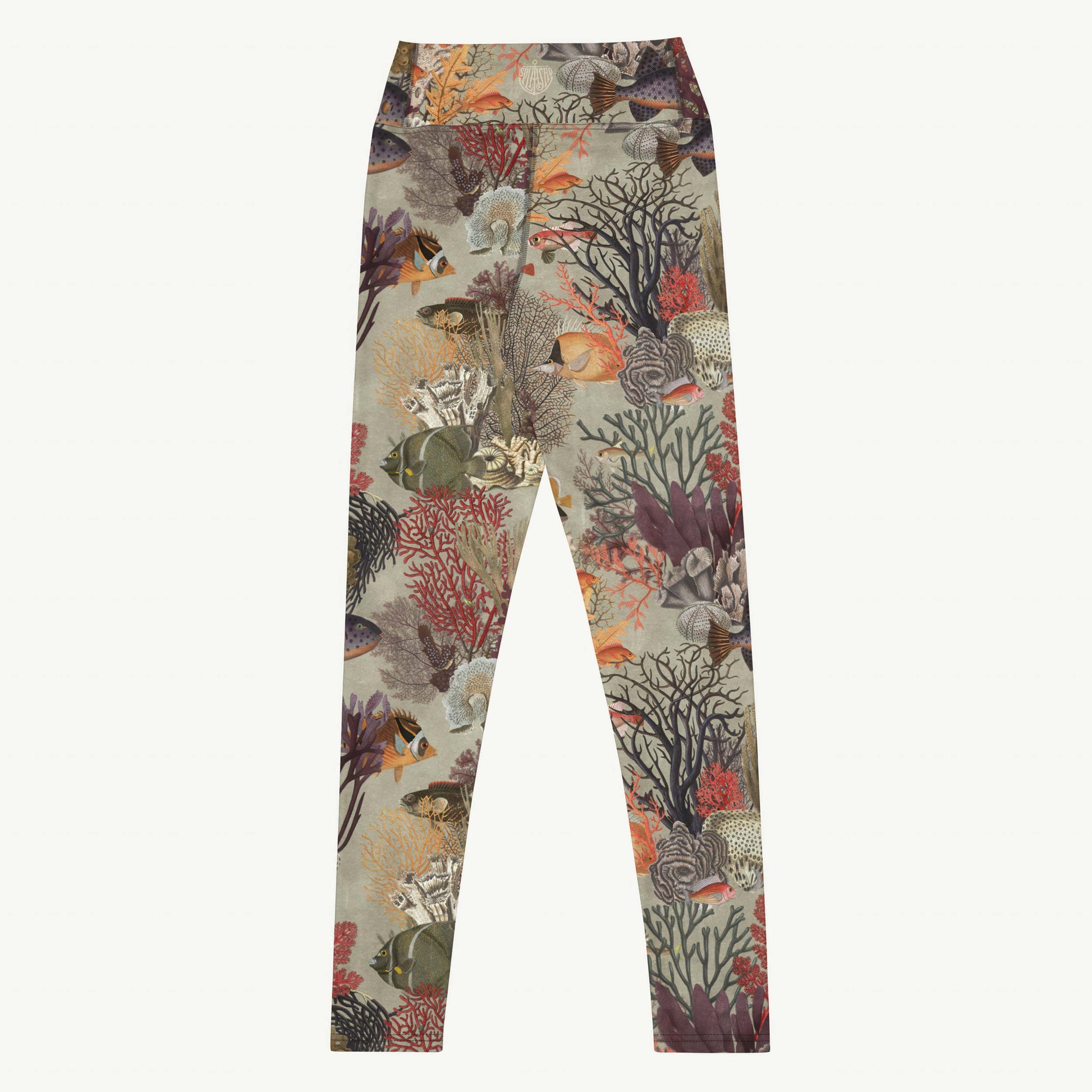 Kelp Calm And Coral On Swim Leggings featuring Moody brown background with layered Victorian marine engravings of coral, kelp and fish in deep purples, reds and burnt oranges, women’s swim leggings in vintage print