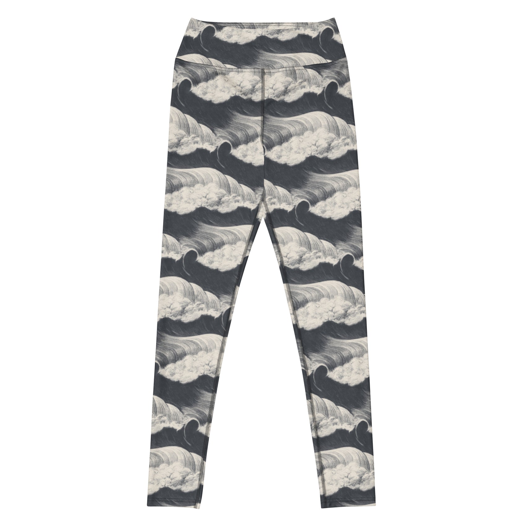 Tide and Seek Swim Leggings featuring Hypnotic repeating wave pattern in a moody palette, inspired by Japanese woodblock print tradition with rolling rhythmic movement, women’s swim leggings in vintage print