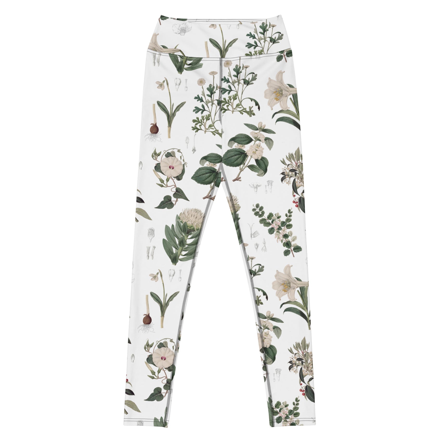 Botany + Clyde Swim Leggings featuring Clean white and green botanical engraving print featuring hand coloured white flowering plants from early 1800s Great Britain in a fresh, peaceful style, women’s swim leggings in vintage print