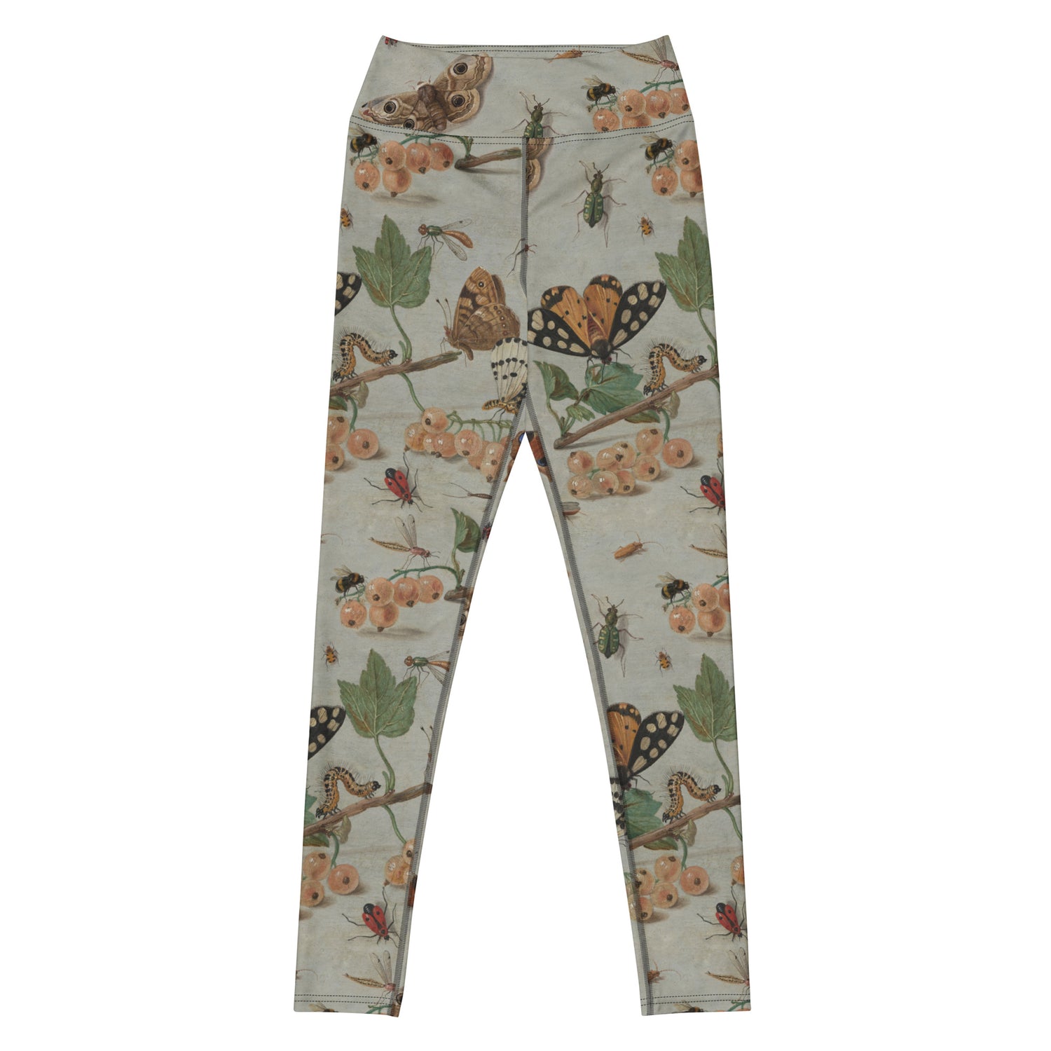 Moth'ly Crew Swim Leggings featuring Warm cream background with a detailed 17th century Flemish copper plate still life of white currants, moths and insects in browns, oranges and hints of red and green, women’s swim leggings