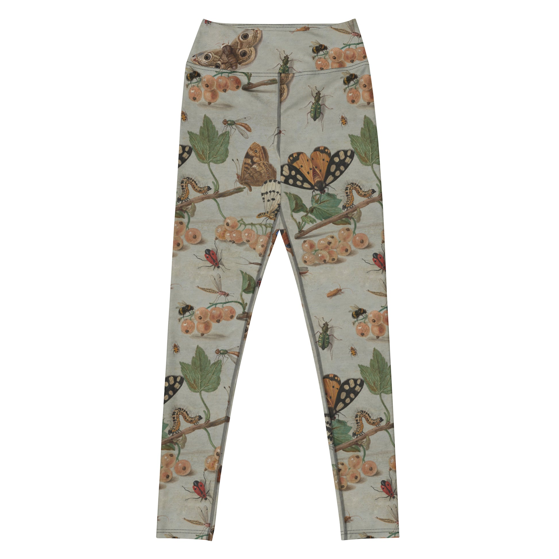 Moth'ly Crew Swim Leggings featuring Warm cream background with a detailed 17th century Flemish copper plate still life of white currants, moths and insects in browns, oranges and hints of red and green, women’s swim leggings