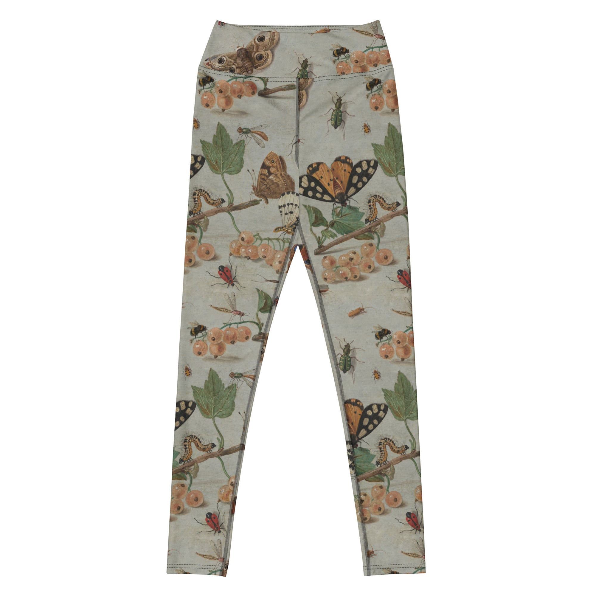 Moth'ly Crew Swim Leggings featuring Warm cream background with a detailed 17th century Flemish copper plate still life of white currants, moths and insects in browns, oranges and hints of red and green, women’s swim leggings