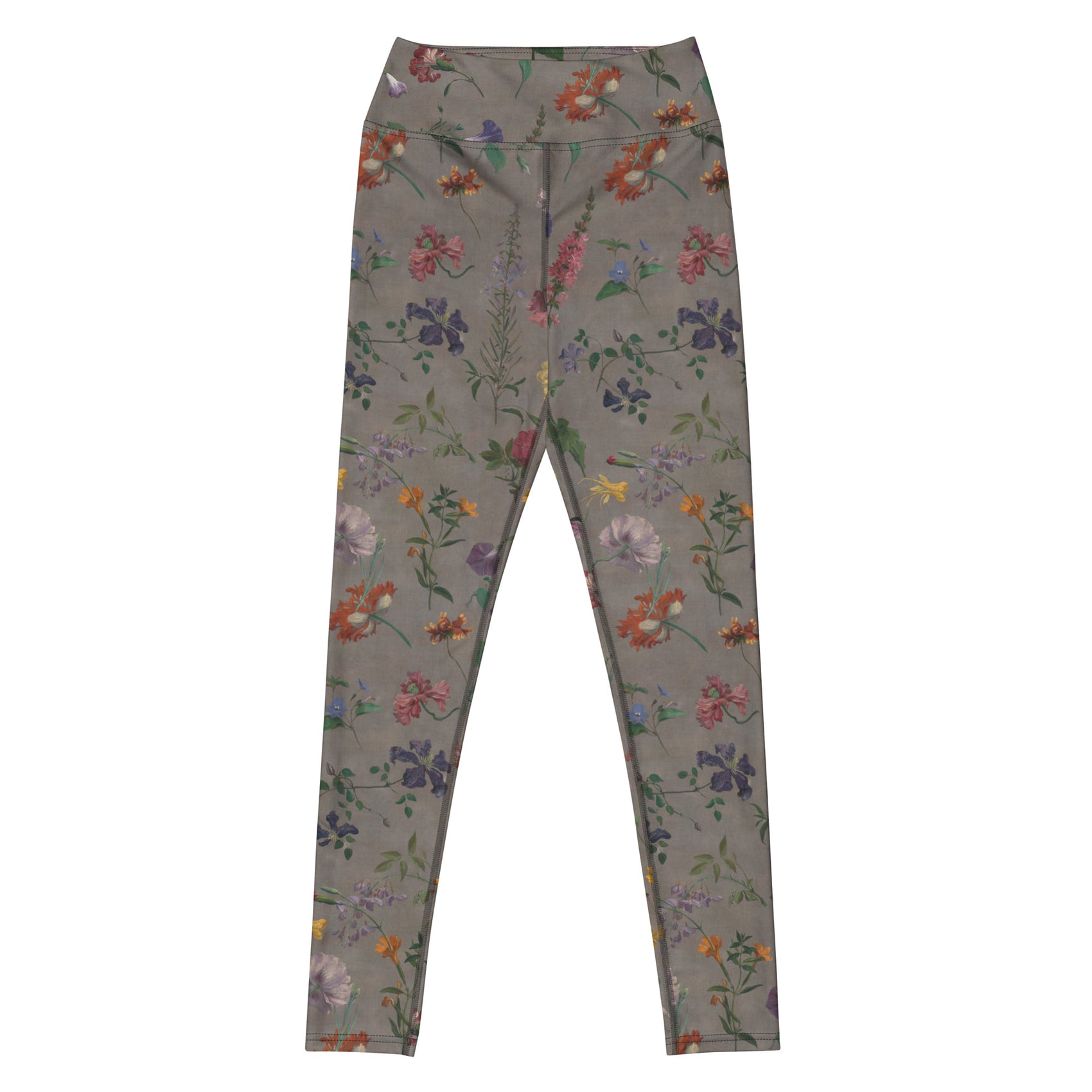 What In Carnation Swim Leggings featuring Dark moody background with vibrant wild botanical oil painting illustrations of poppies, morning glories and carnations in rich, dramatic colours, women’s swim leggings