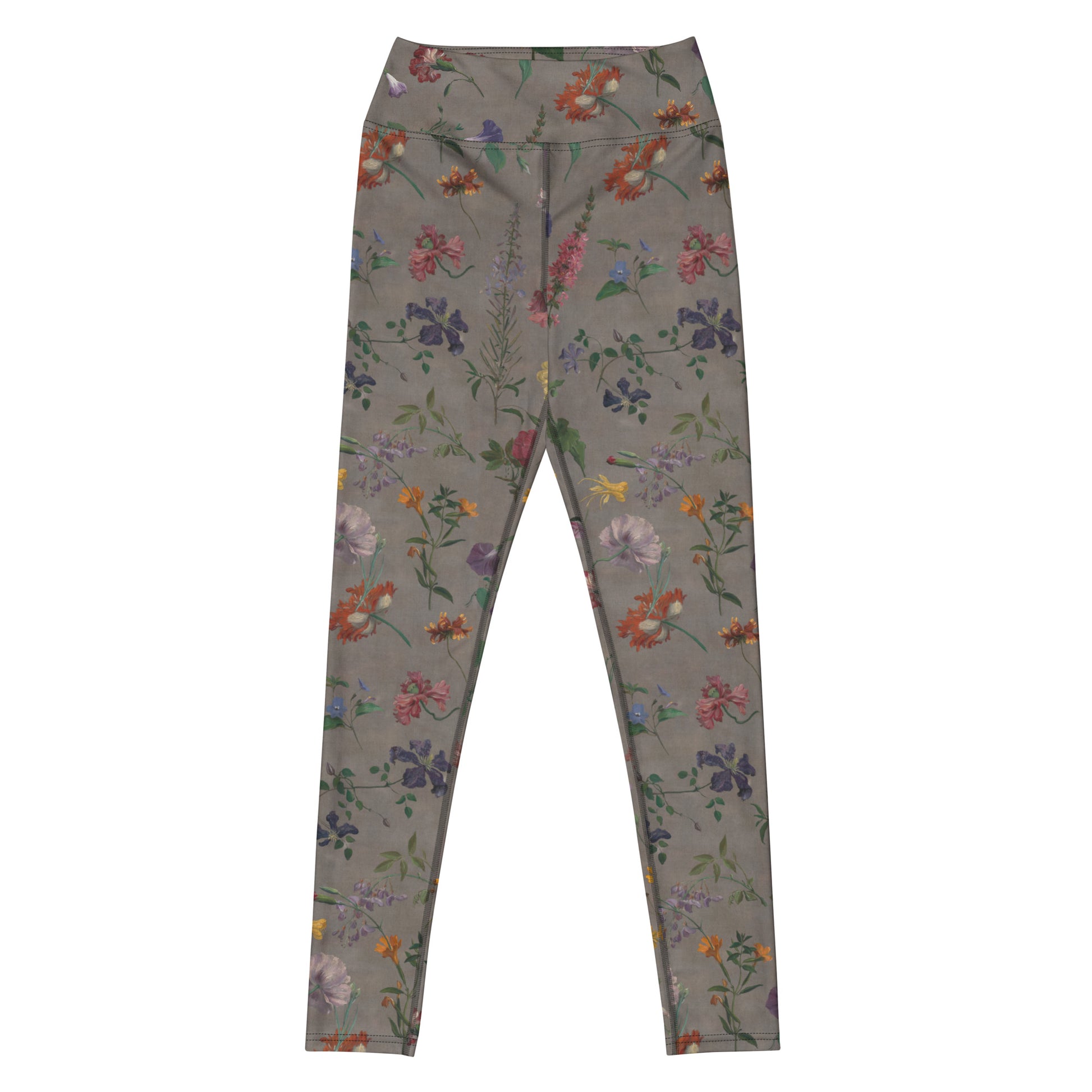 What In Carnation Swim Leggings featuring Dark moody background with vibrant wild botanical oil painting illustrations of poppies, morning glories and carnations in rich, dramatic colours, women’s swim leggings