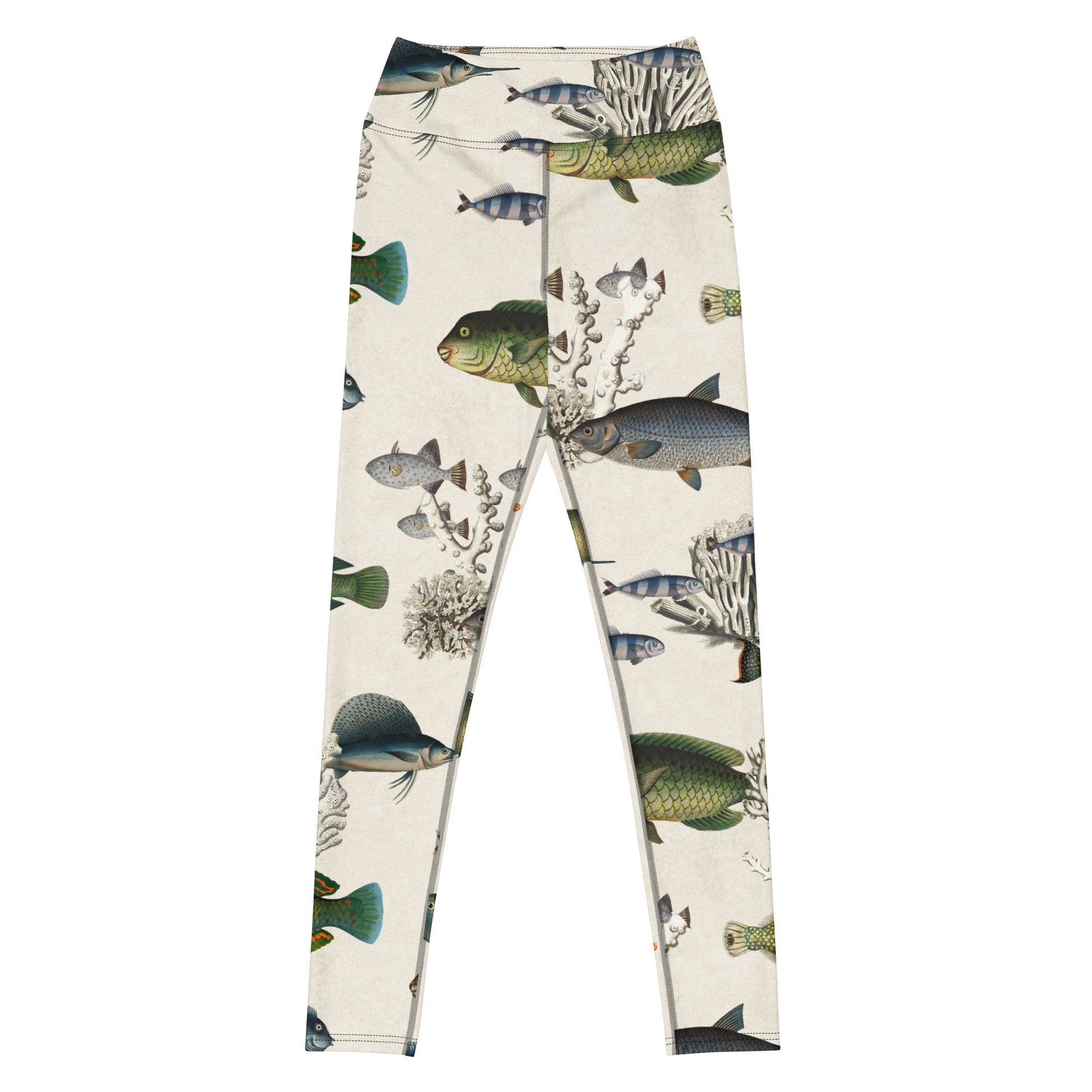 Krilling It! Swim Leggings featuring Soft cream background with delicate blue and green coral formations and fish engravings with warm hints of orange in a light, airy vintage scientific style, women’s swim leggings