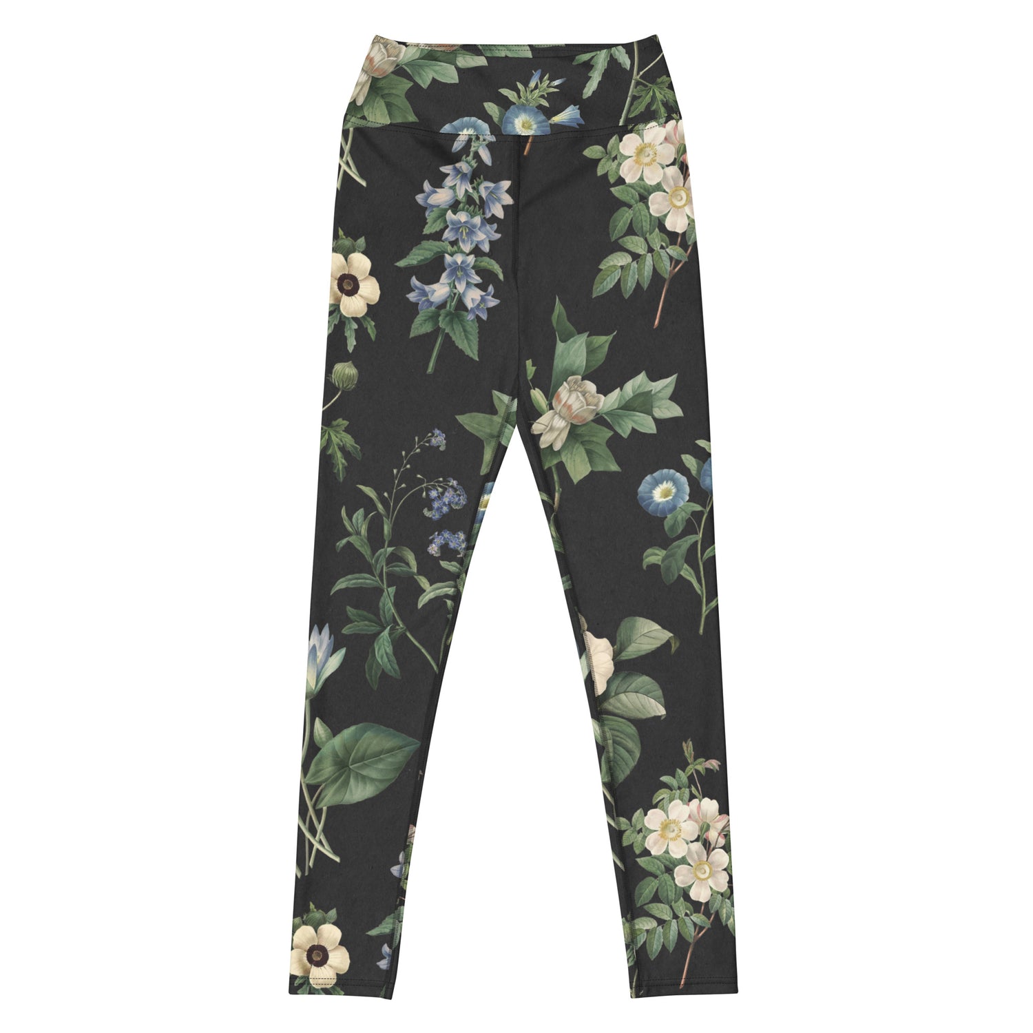 I Beg Your Garden Blue Swim Leggings featuring Striking black background with curated blue and white botanical illustrations by Pierre-Joseph Redouté, the celebrated 19th century court botanical painter, women’s swim leggings
