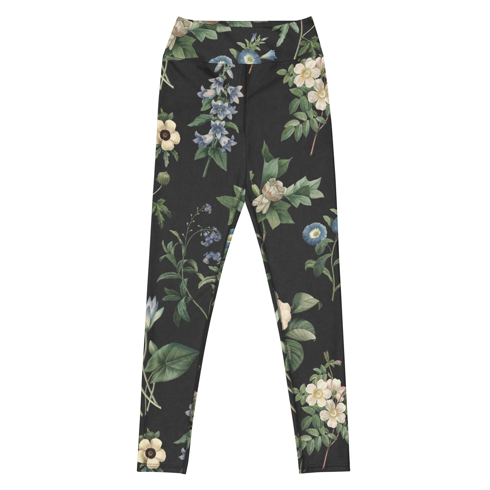 I Beg Your Garden Blue Swim Leggings featuring Striking black background with curated blue and white botanical illustrations by Pierre-Joseph Redouté, the celebrated 19th century court botanical painter, women’s swim leggings