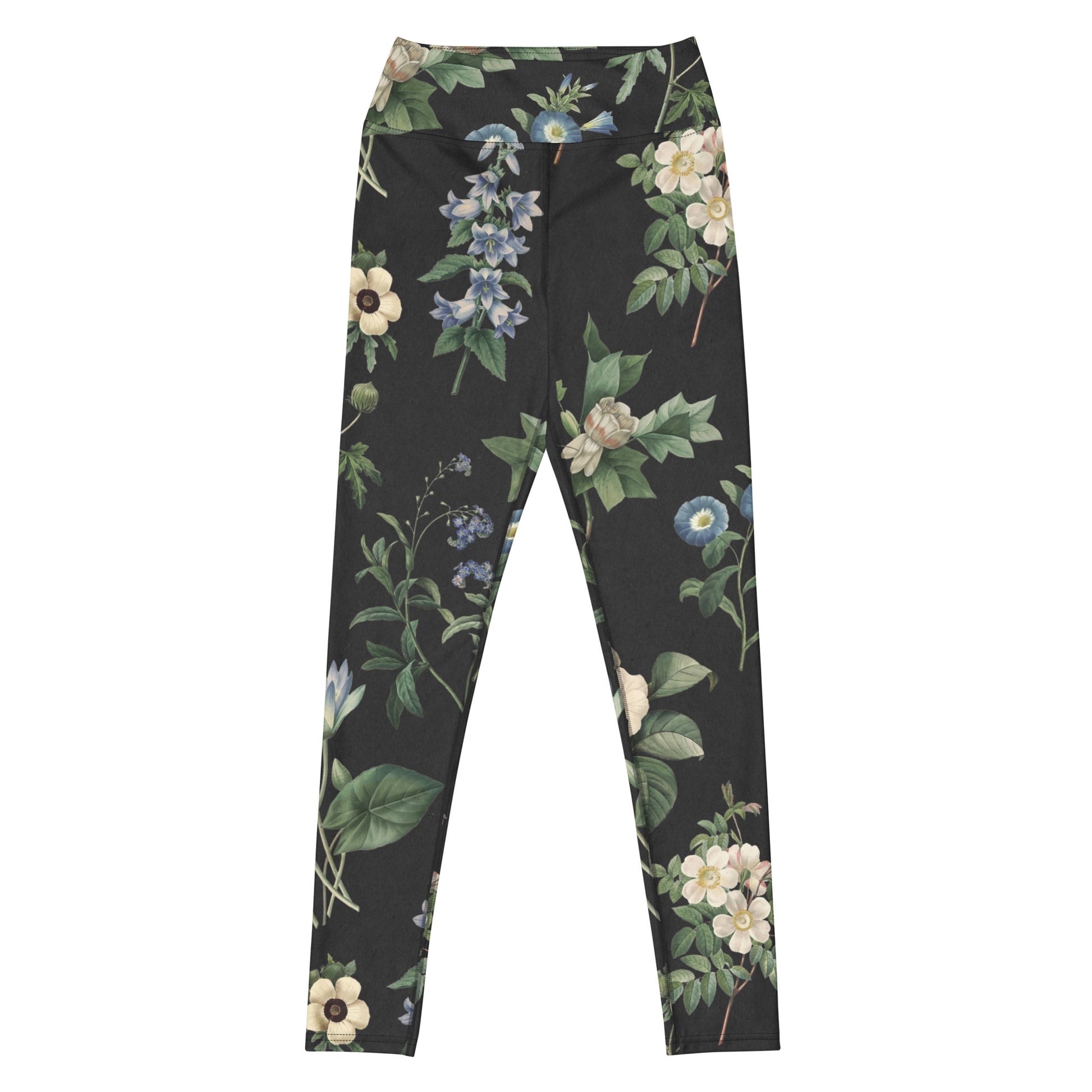 I Beg Your Garden Blue Swim Leggings featuring Striking black background with curated blue and white botanical illustrations by Pierre-Joseph Redouté, the celebrated 19th century court botanical painter, women’s swim leggings