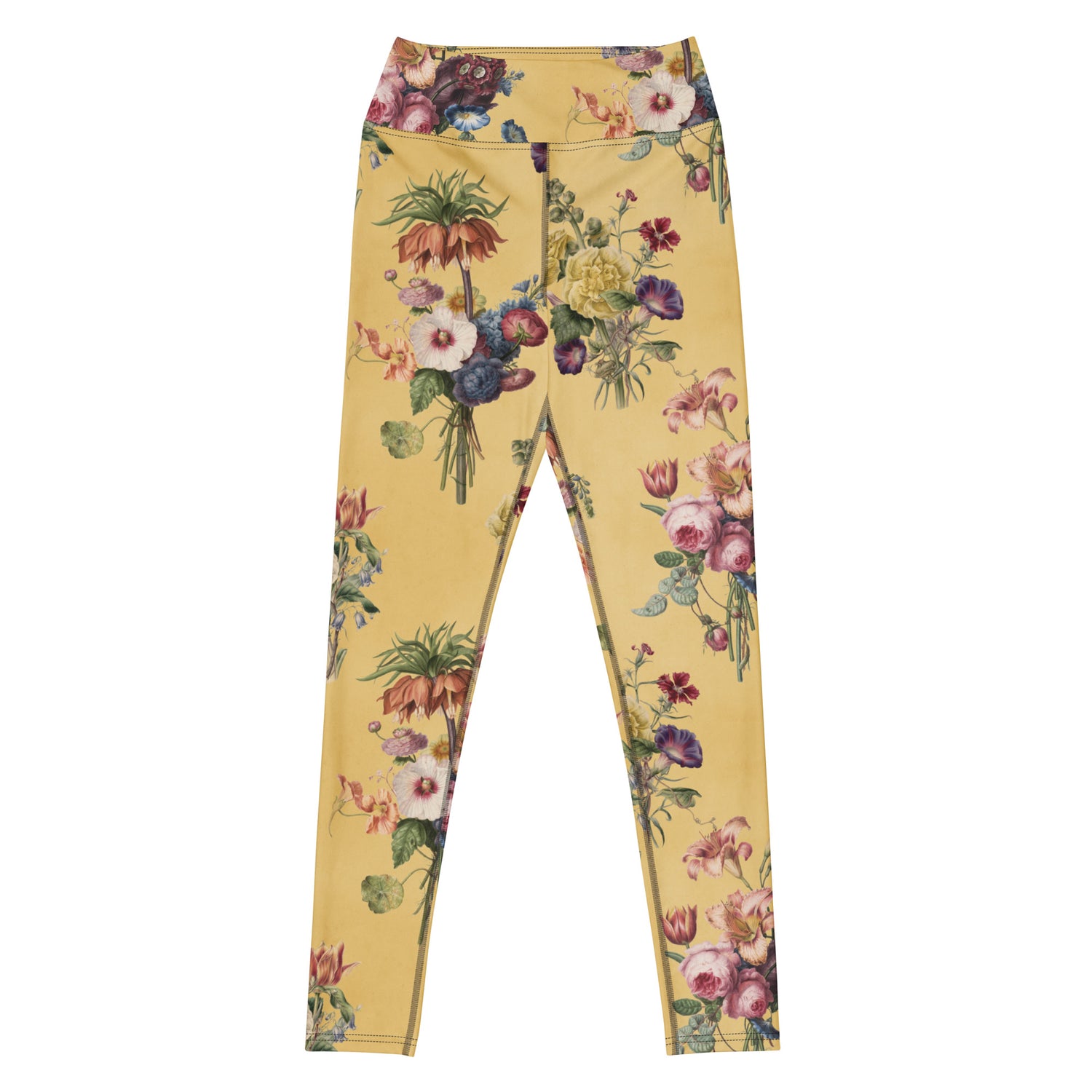 Let's Do Bunch! Swim Leggings featuring Warm butter yellow background with abundant, richly coloured Dutch Master watercolour floral bouquets in a joyful, overflowing repeat pattern, women’s swim leggings