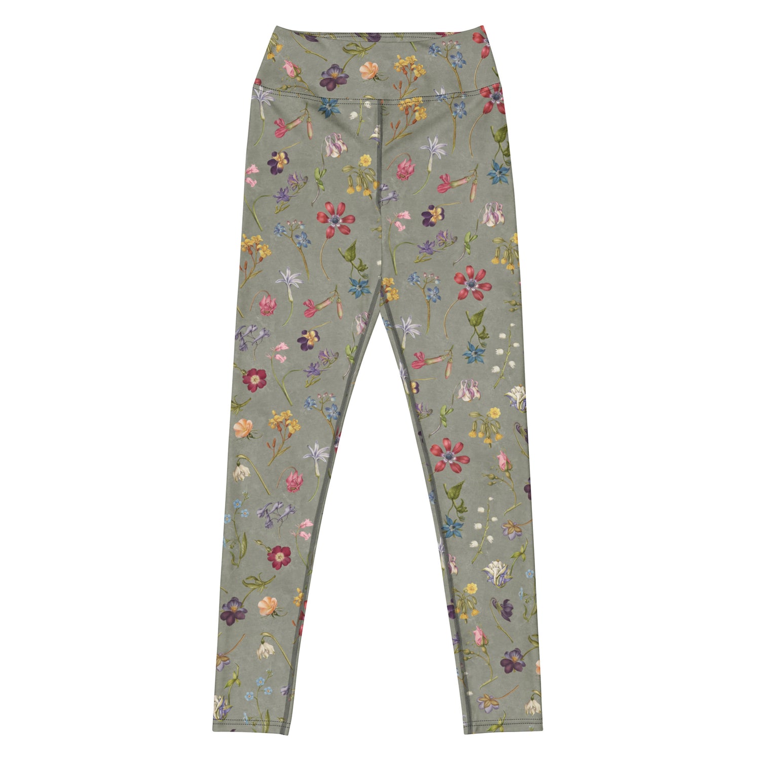 Hibis-Kiss Me Swim Leggings featuring Moody pale blue background with jewel-bright painted flower specimens from a 16th century Flemish illuminated manuscript in rich, vivid colours, women’s swim leggings