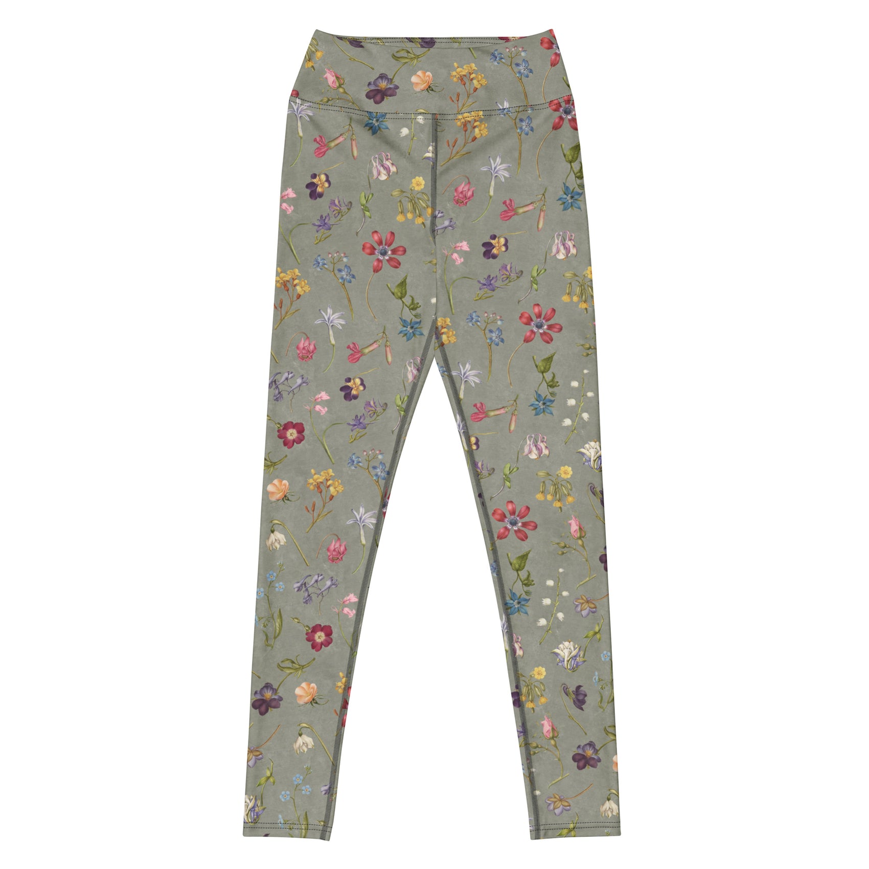 Hibis-Kiss Me Swim Leggings featuring Moody pale blue background with jewel-bright painted flower specimens from a 16th century Flemish illuminated manuscript in rich, vivid colours, women’s swim leggings
