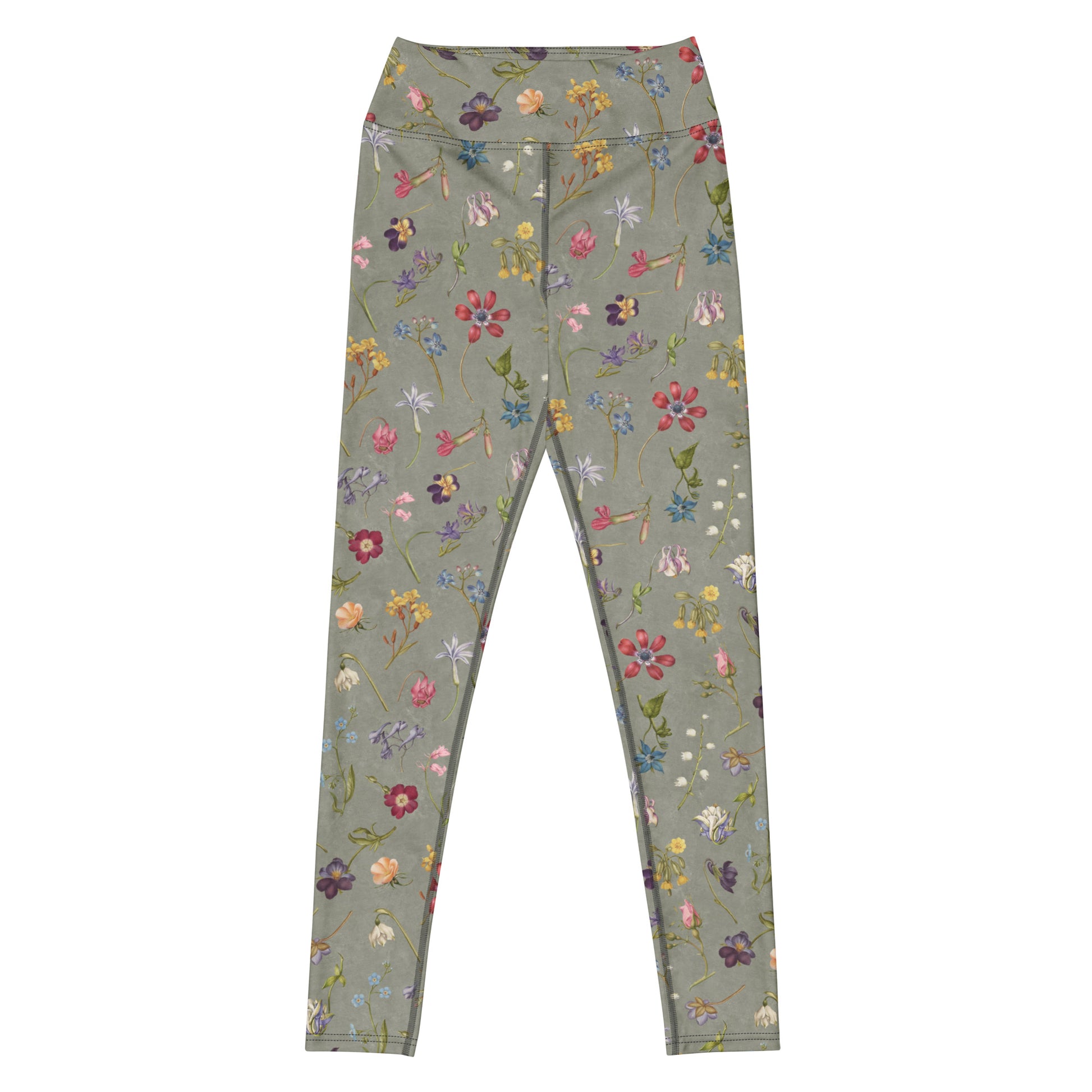 Hibis-Kiss Me Swim Leggings featuring Moody pale blue background with jewel-bright painted flower specimens from a 16th century Flemish illuminated manuscript in rich, vivid colours, women’s swim leggings