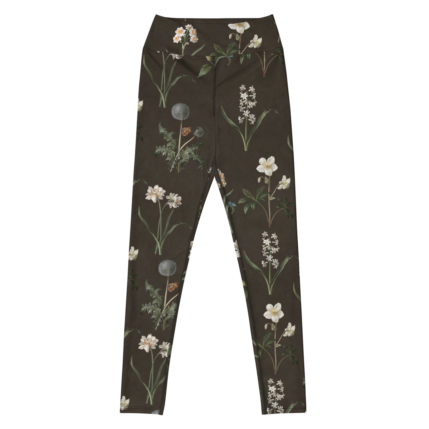 Wild At Hort Swim Leggings featuring Deep dark brown background with precise, luminous white botanical specimen illustrations including a delicate dandelion seed head, in a hushed and contemplative style, women’s swim leggings in vintage print