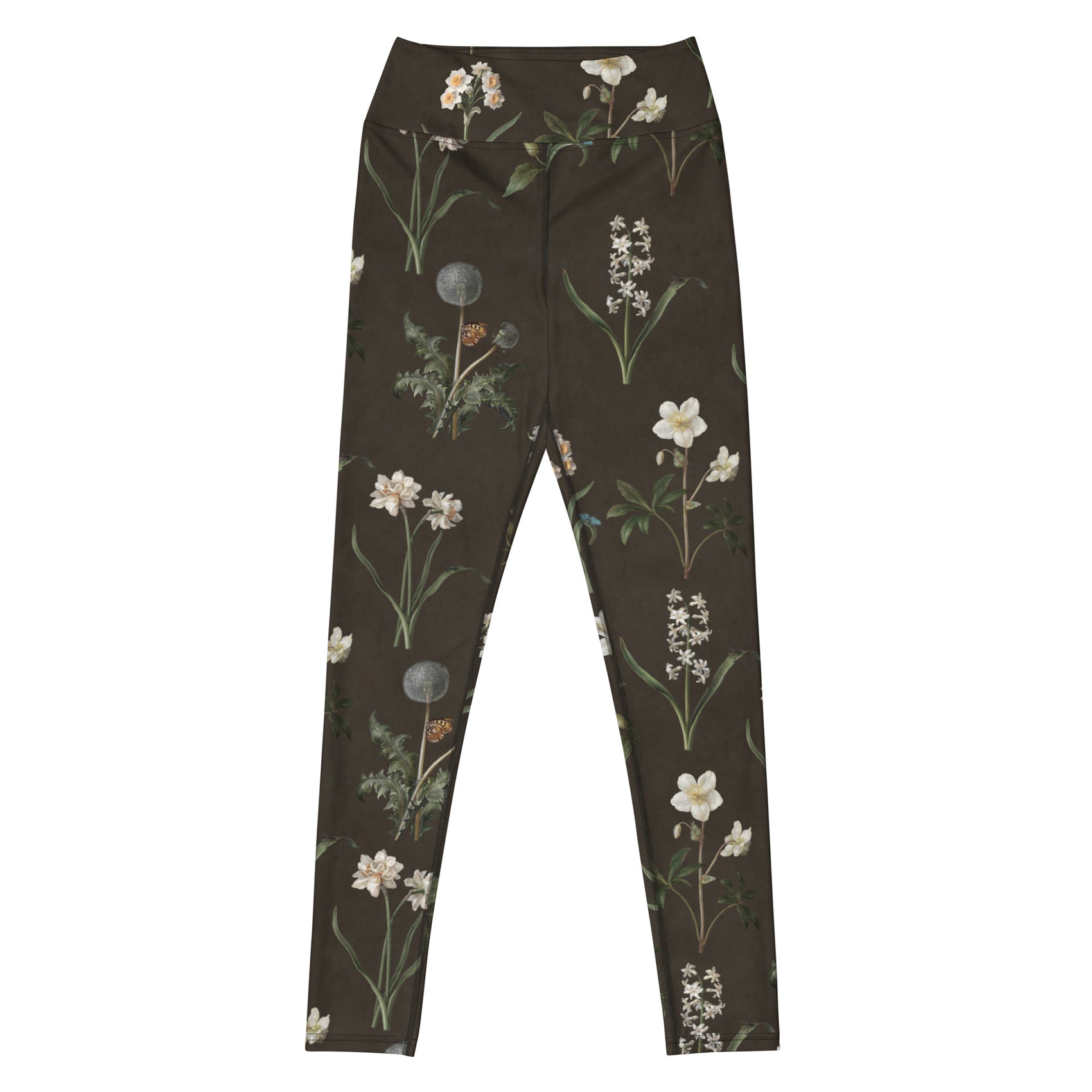 Wild At Hort Swim Leggings featuring Deep dark brown background with precise, luminous white botanical specimen illustrations including a delicate dandelion seed head, in a hushed and contemplative style, women’s swim leggings in vintage print