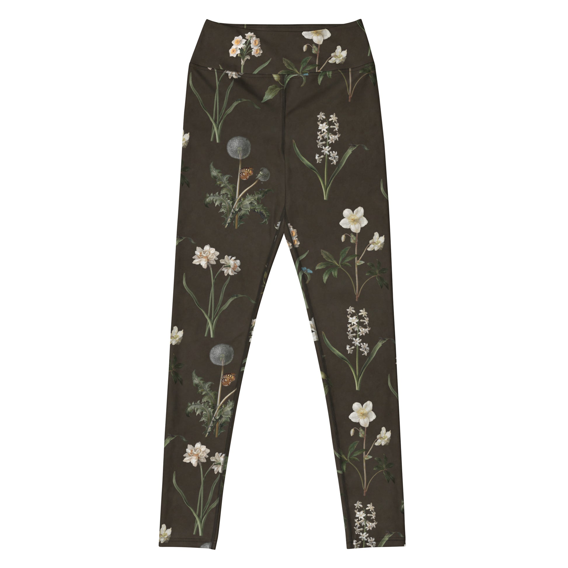 Wild At Hort Swim Leggings featuring Deep dark brown background with precise, luminous white botanical specimen illustrations including a delicate dandelion seed head, in a hushed and contemplative style, women’s swim leggings in vintage print