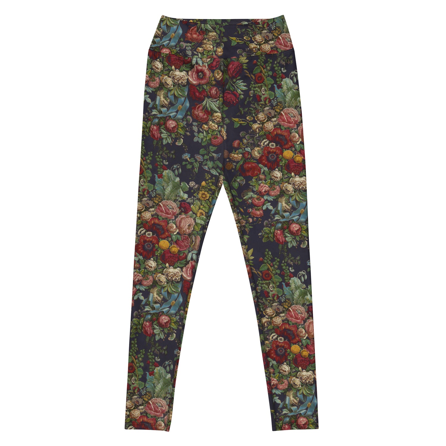 Stop and Smell The Roses Swim Leggings featuring Rich deep indigo background with tumbling opulent cabbage roses in reds and pinks with a delicate blue ribbon detail, adapted from mid 1800s Chintz, women’s swim leggings
