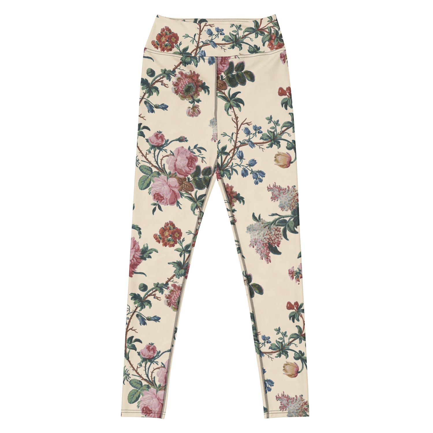 Bud-ding Romance in Cream Swim Leggings featuring Warm cream background with trailing pink roses and blue morning glory on a vine, taken from a 1790 French woodblock printed wallpaper, women’s swim leggings