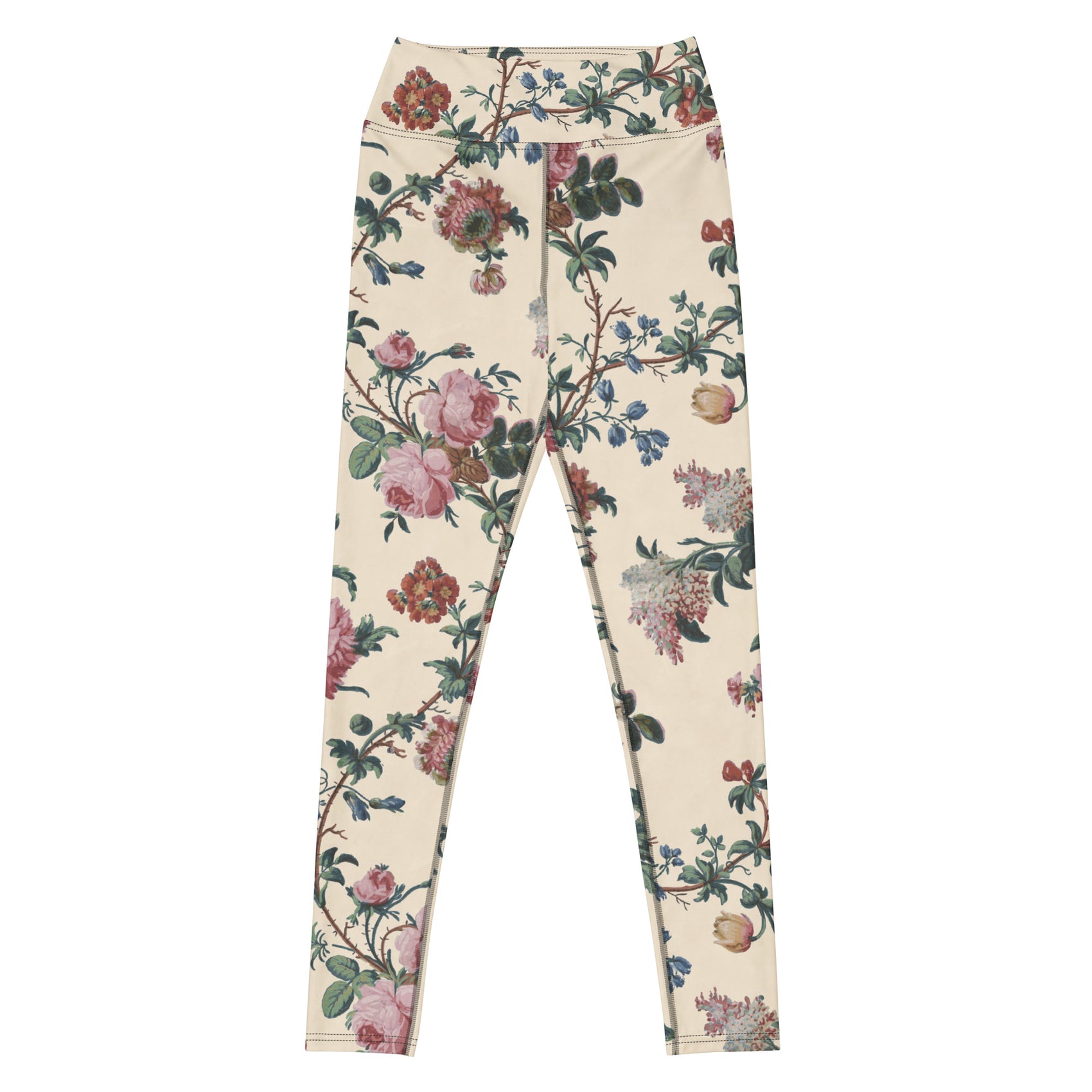 Bud-ding Romance in Cream Swim Leggings featuring Warm cream background with trailing pink roses and blue morning glory on a vine, taken from a 1790 French woodblock printed wallpaper, women’s swim leggings