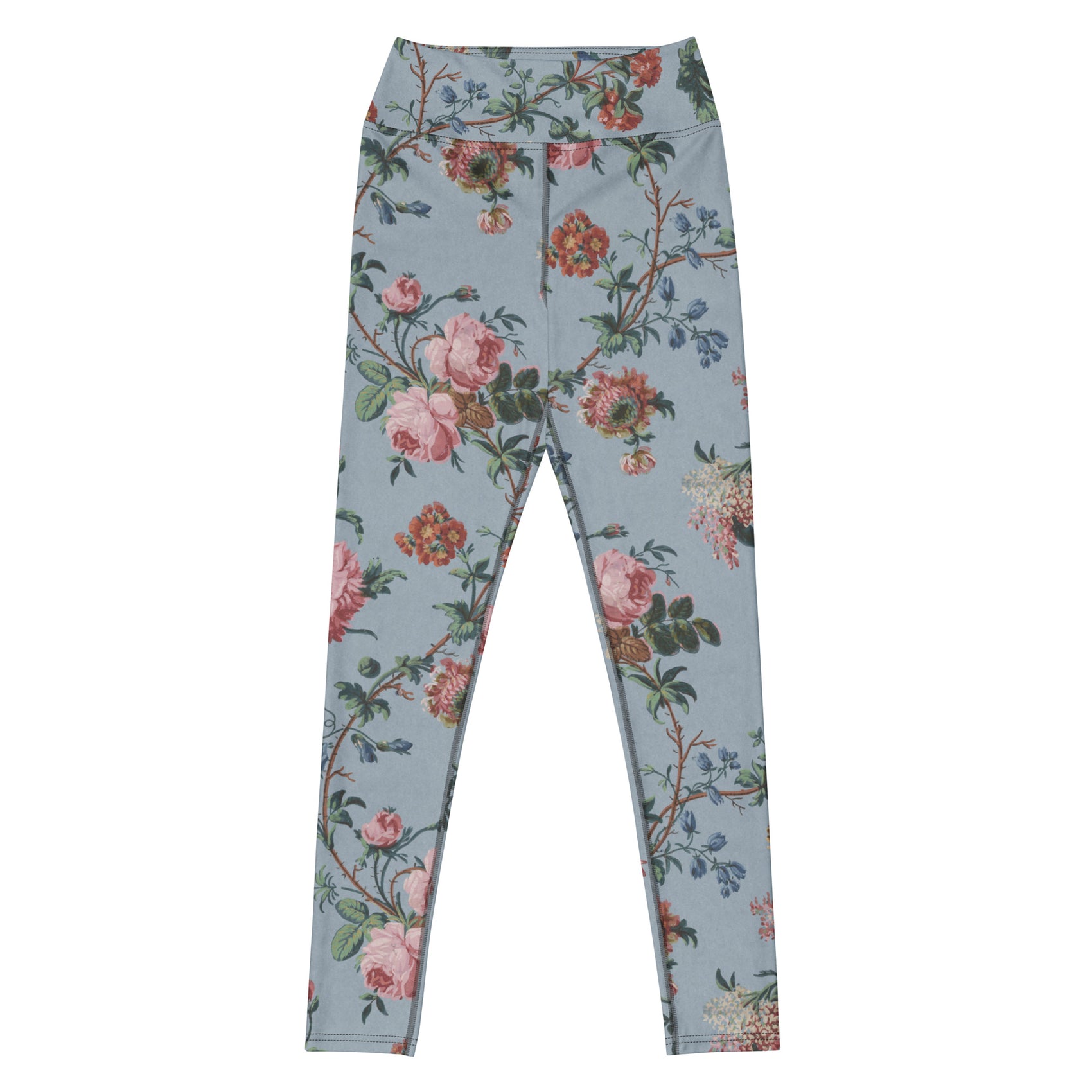 Bud-ding Romance in Blue Swim Leggings featuring Dreamy blue background with trailing pink roses and blue morning glory on a vine, taken from a 1790 French woodblock printed wallpaper, women’s swim leggings