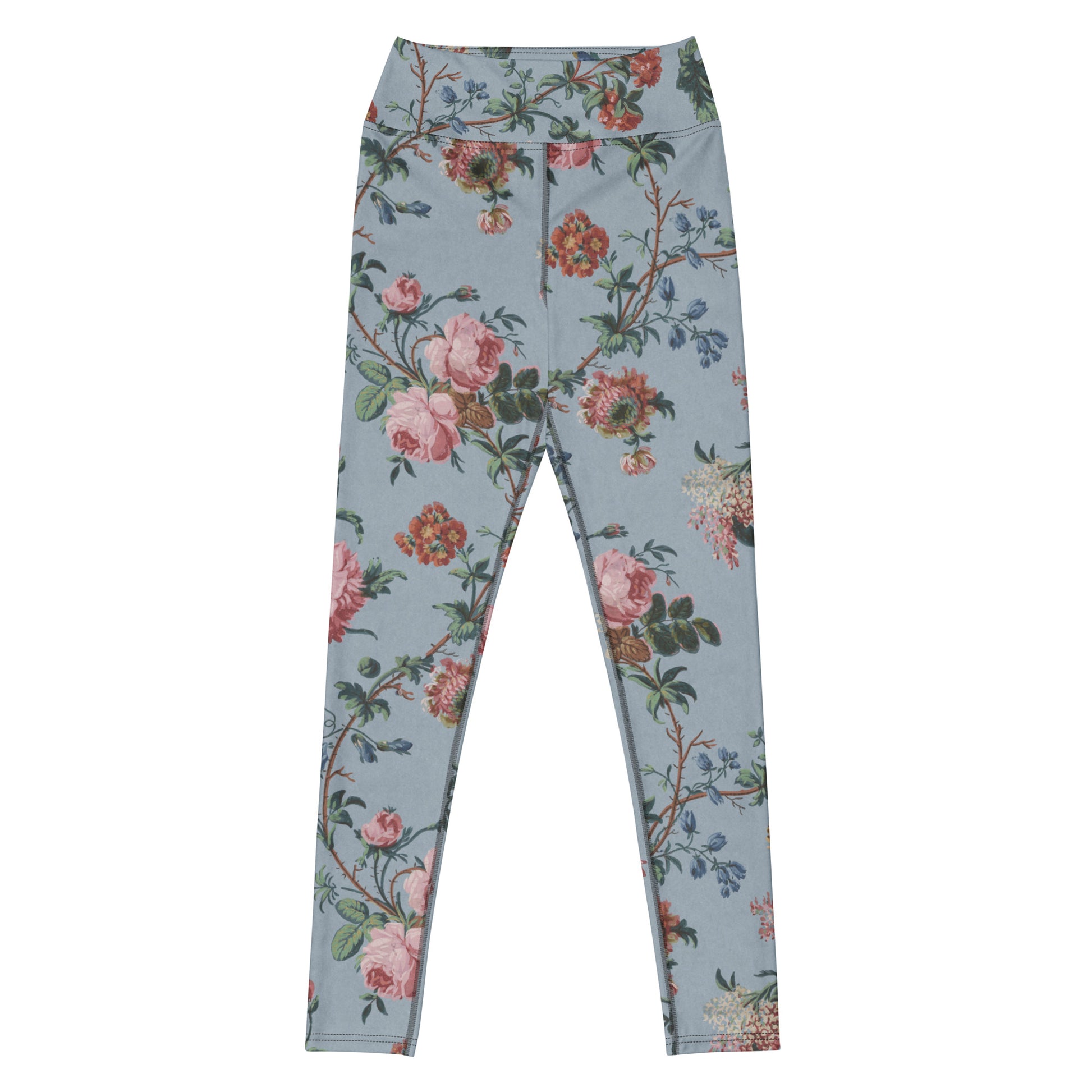 Bud-ding Romance in Blue Swim Leggings featuring Dreamy blue background with trailing pink roses and blue morning glory on a vine, taken from a 1790 French woodblock printed wallpaper, women’s swim leggings