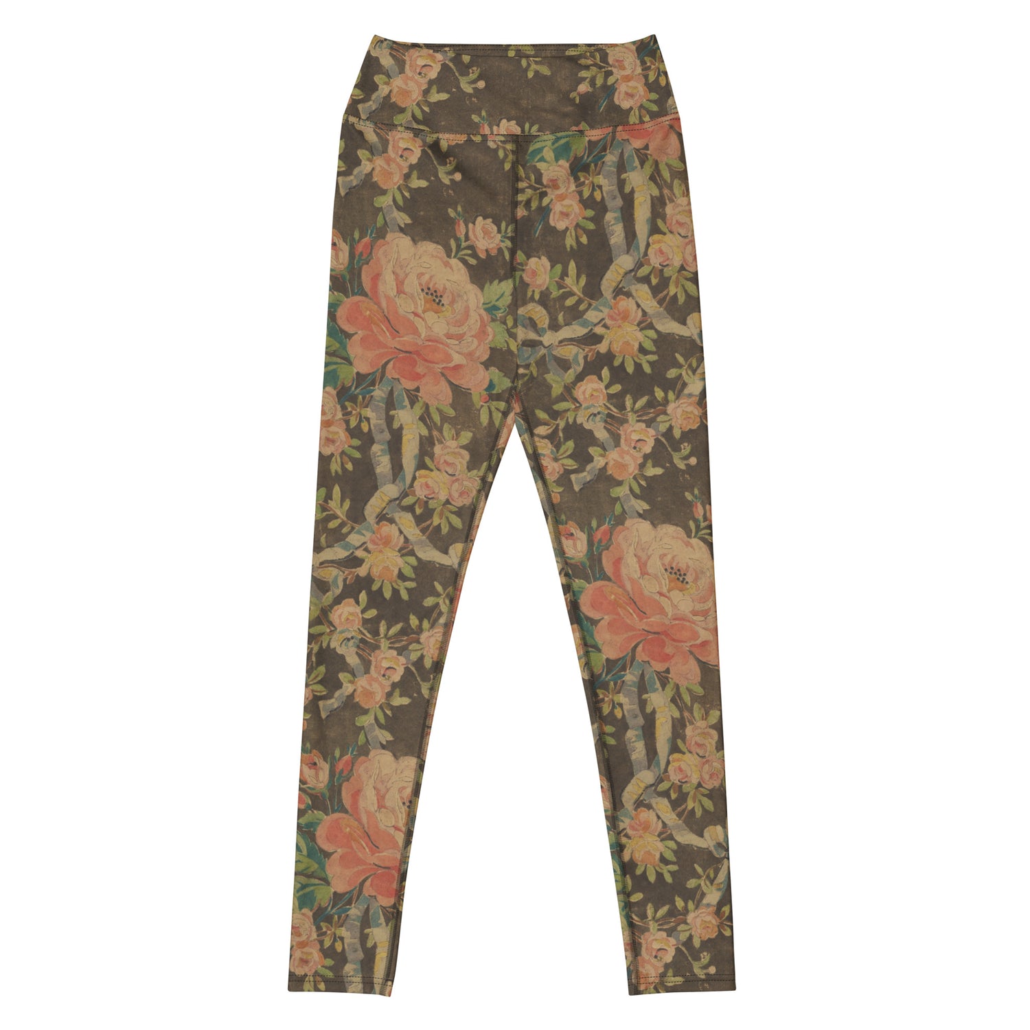 Everything's Coming Up Roses Swim Leggings featuring Rich brown background with trailing pink roses and a delicate blue ribbon border design, adapted from a 1780 French decorative watercolour, women’s swim leggings