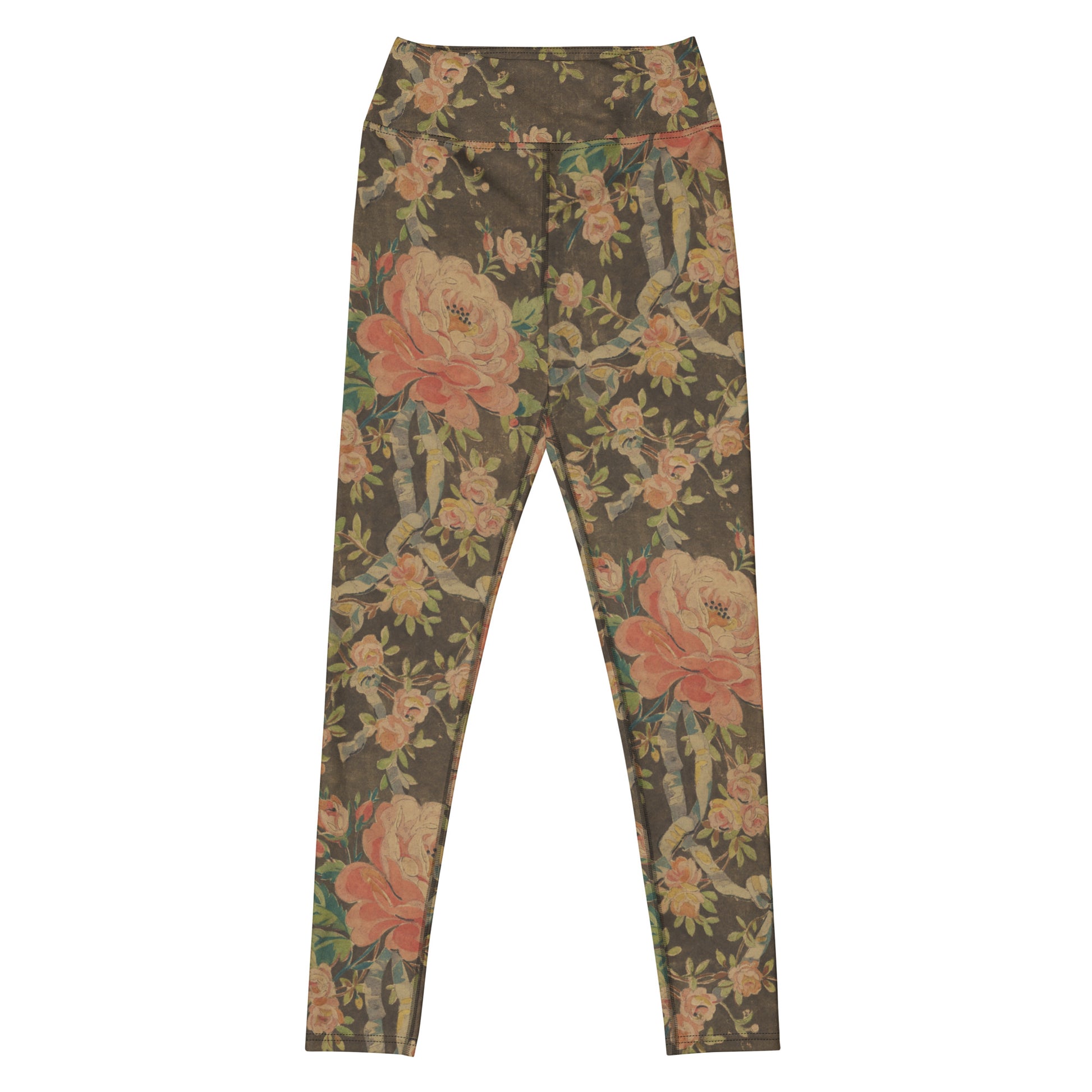 Everything's Coming Up Roses Swim Leggings featuring Rich brown background with trailing pink roses and a delicate blue ribbon border design, adapted from a 1780 French decorative watercolour, women’s swim leggings