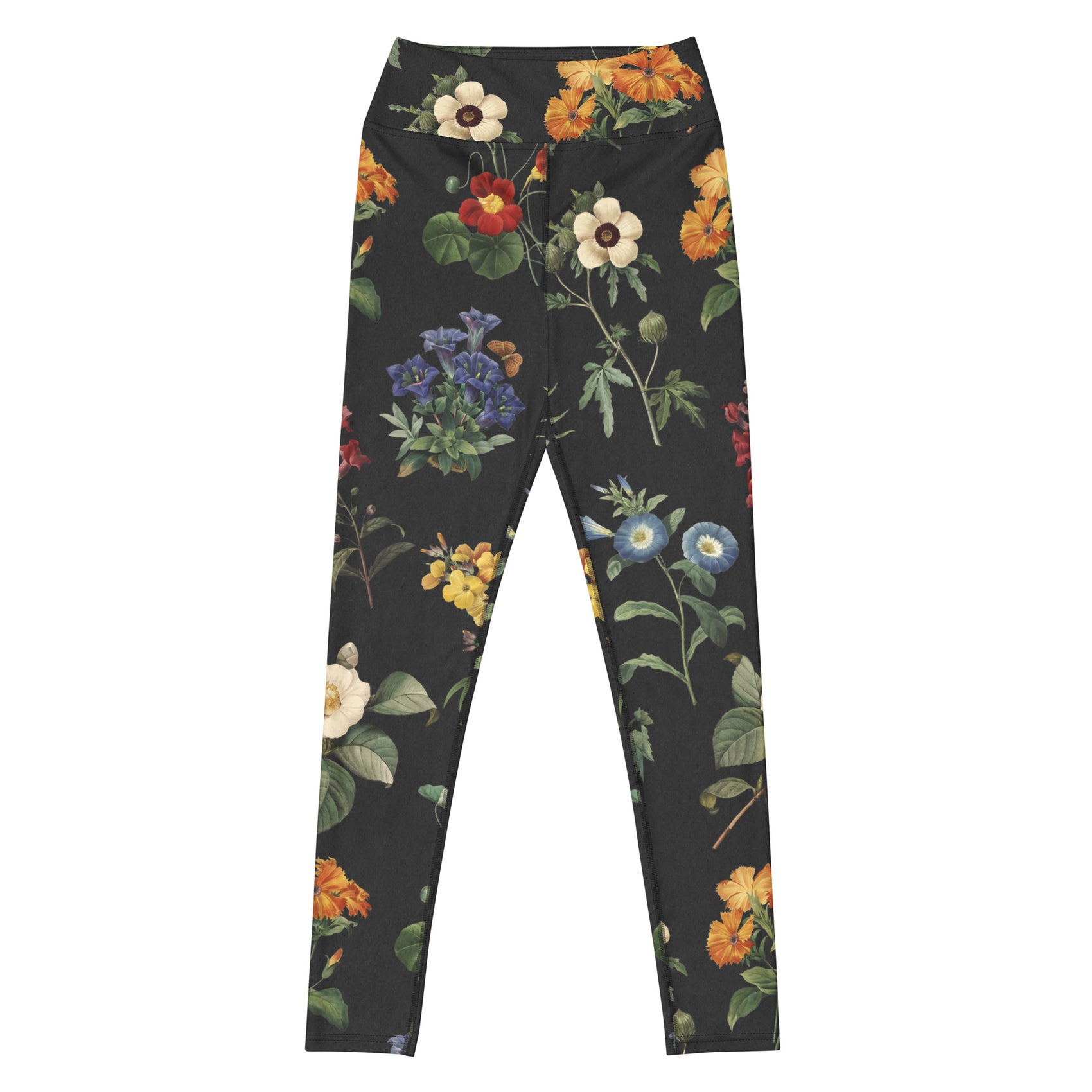 I Beg Your Garden Swim Leggings featuring Bold black background with the full rich colour palette of Pierre-Joseph Redouté's celebrated 19th century royal botanical illustrations in jewel-bright tones, women’s swim leggings