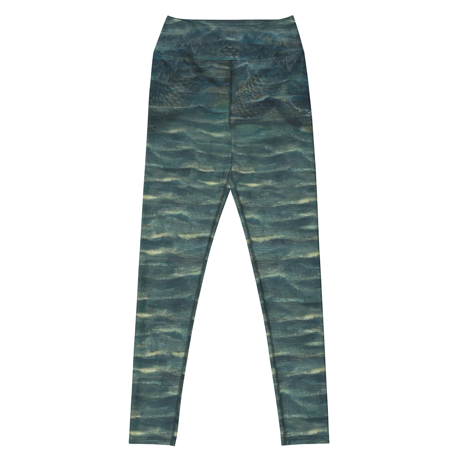 Sea What I Did There Swim Leggings featuring Simple hypnotic wave repeat in deep moody turquoise greens, drawn from a Victorian oil painting of the ocean, women’s swim leggings with detailed artwork