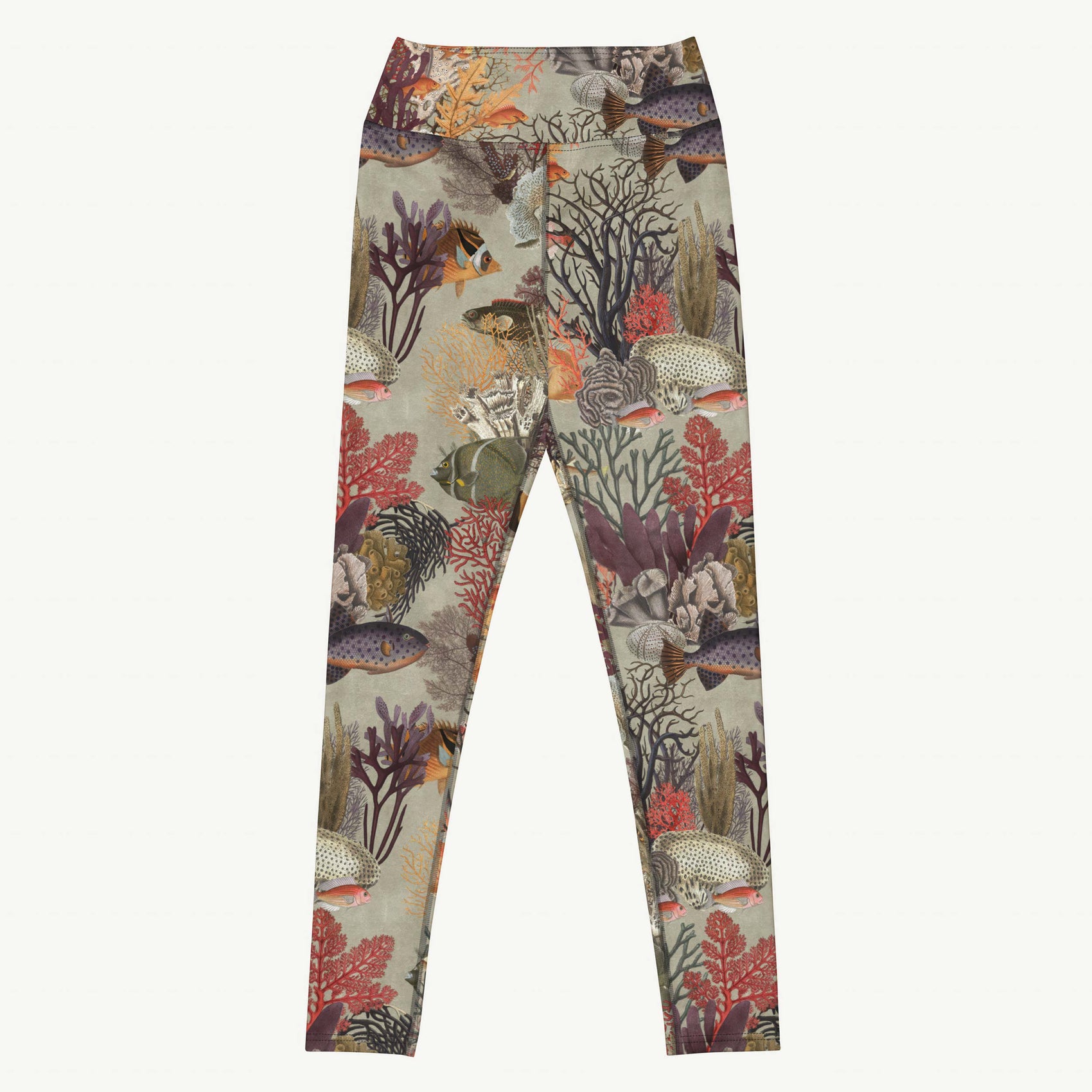 Kelp Calm And Coral On Swim Leggings featuring Moody brown background with layered Victorian marine engravings of coral, kelp and fish in deep purples, reds and burnt oranges, women’s swim leggings in vintage print