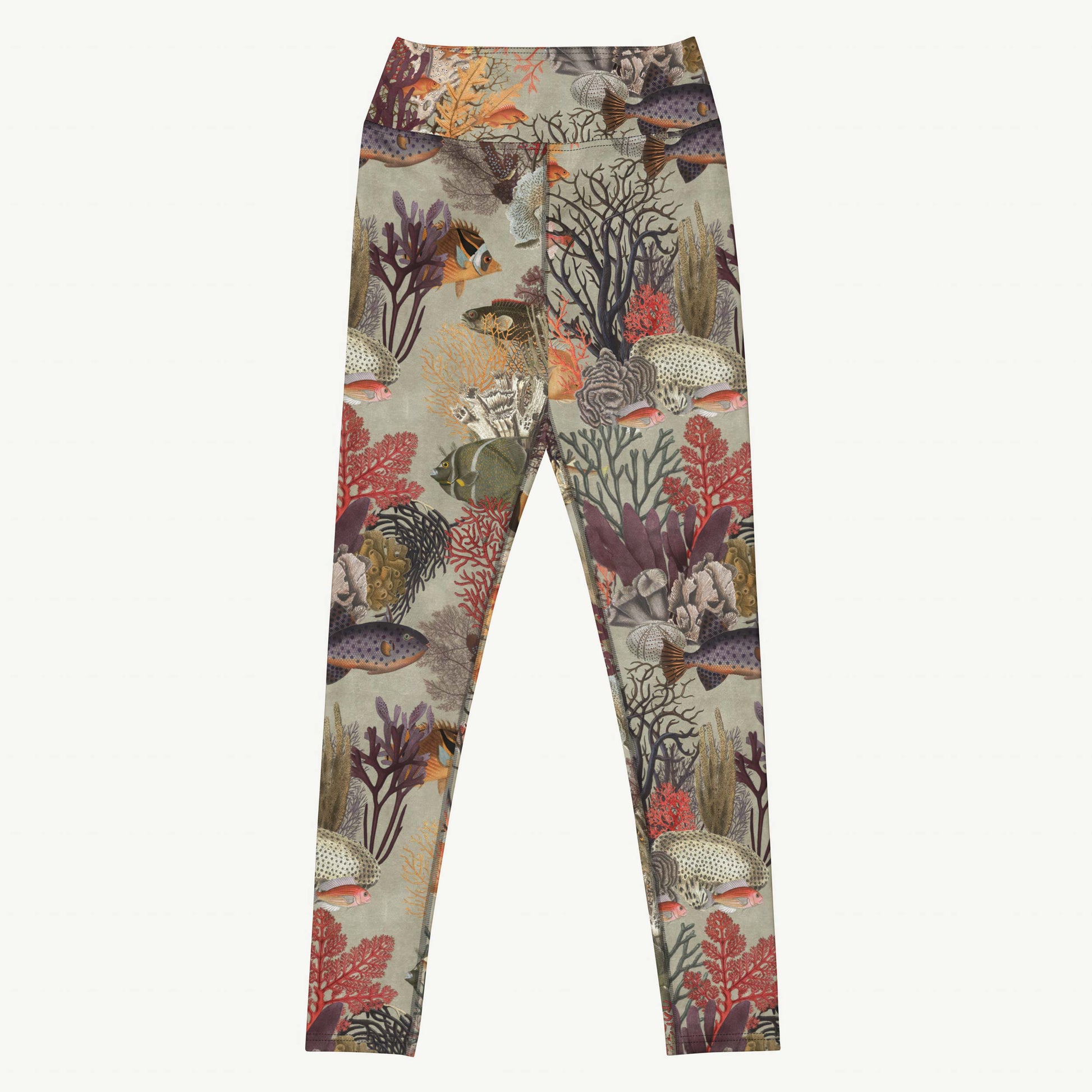 Kelp Calm And Coral On Swim Leggings featuring Moody brown background with layered Victorian marine engravings of coral, kelp and fish in deep purples, reds and burnt oranges, women’s swim leggings in vintage print
