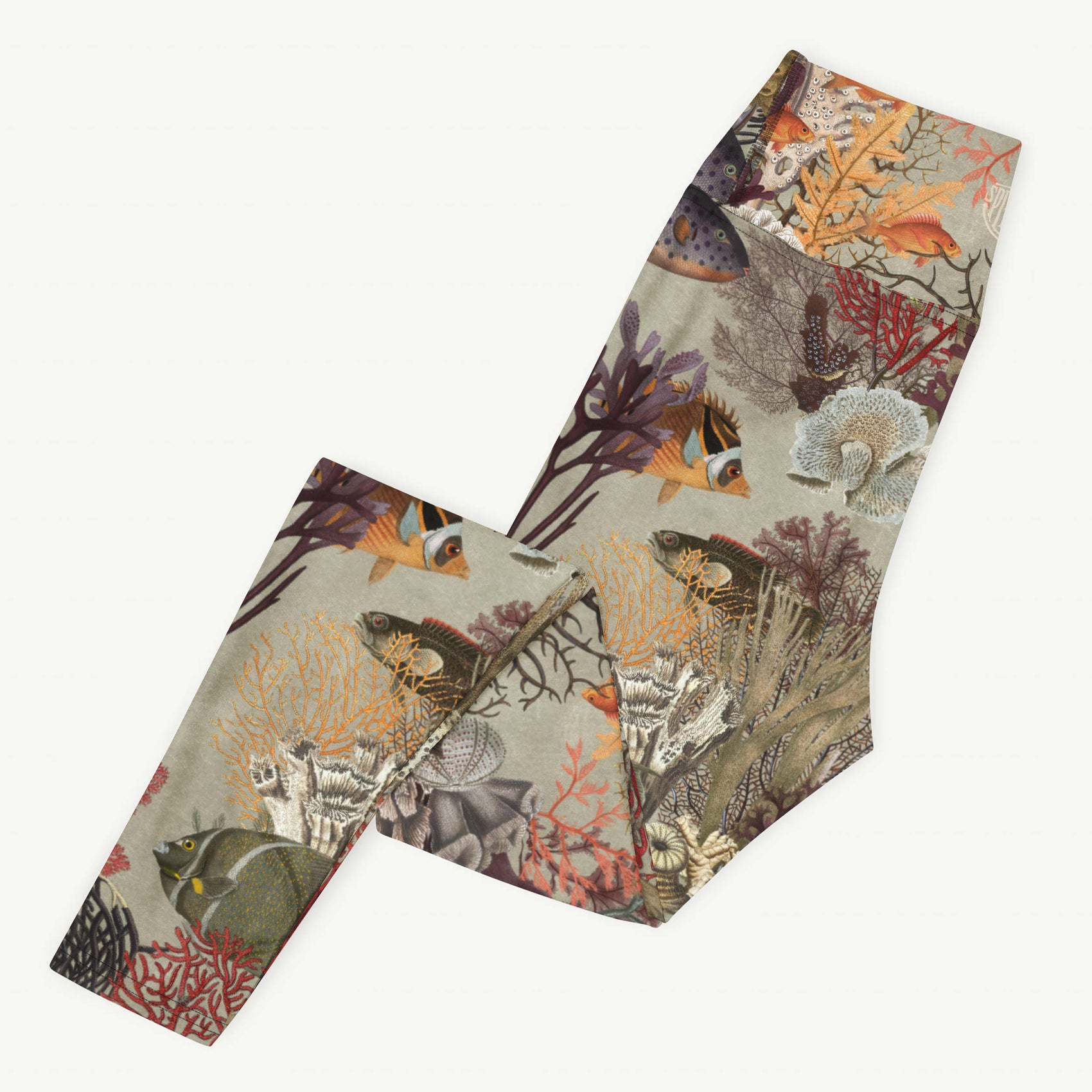 Kelp Calm And Coral On Swim Leggings featuring Moody brown background with layered Victorian marine engravings of coral, kelp and fish in deep purples, reds and burnt oranges, women’s swim leggings in vintage print