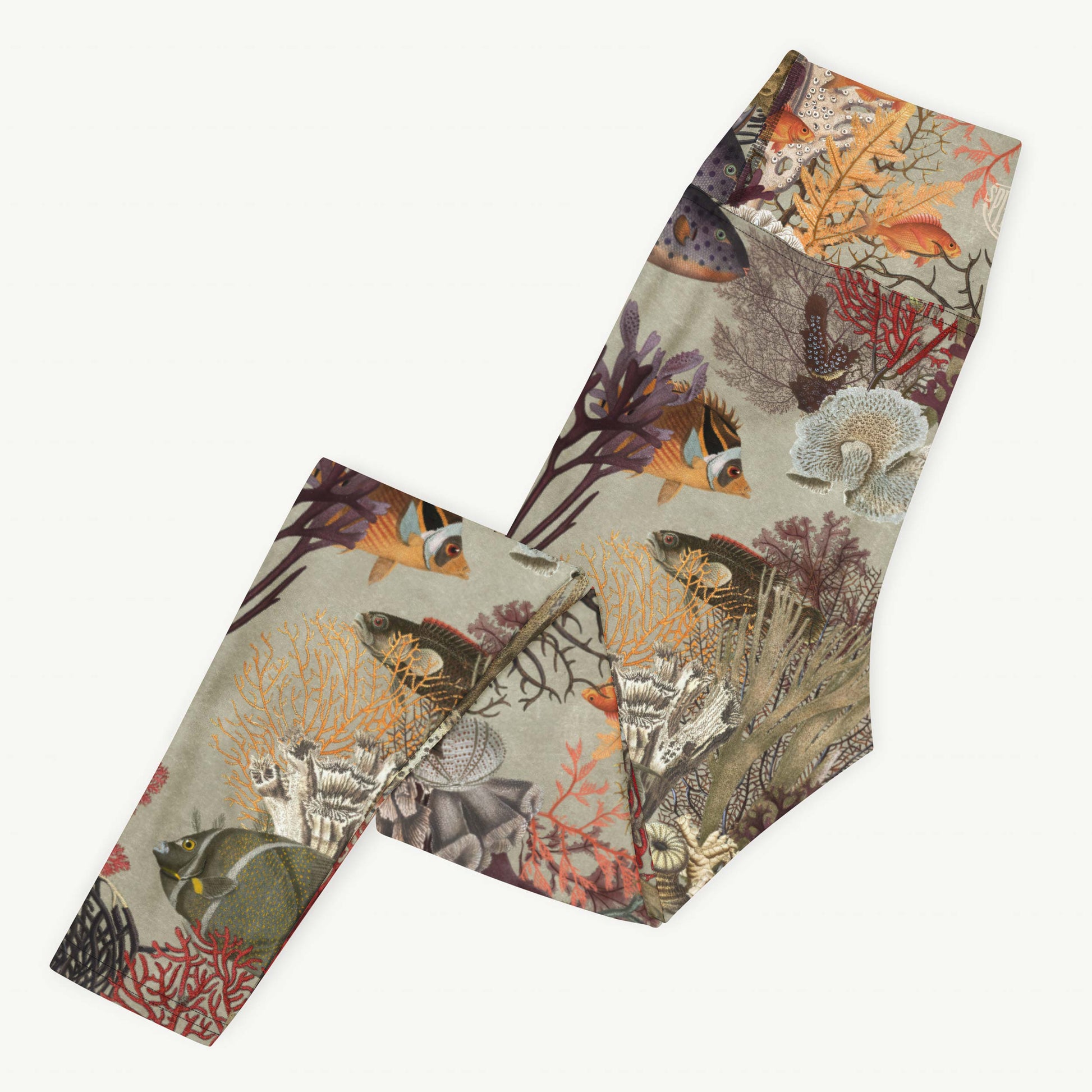 Kelp Calm And Coral On Swim Leggings featuring Moody brown background with layered Victorian marine engravings of coral, kelp and fish in deep purples, reds and burnt oranges, women’s swim leggings in vintage print