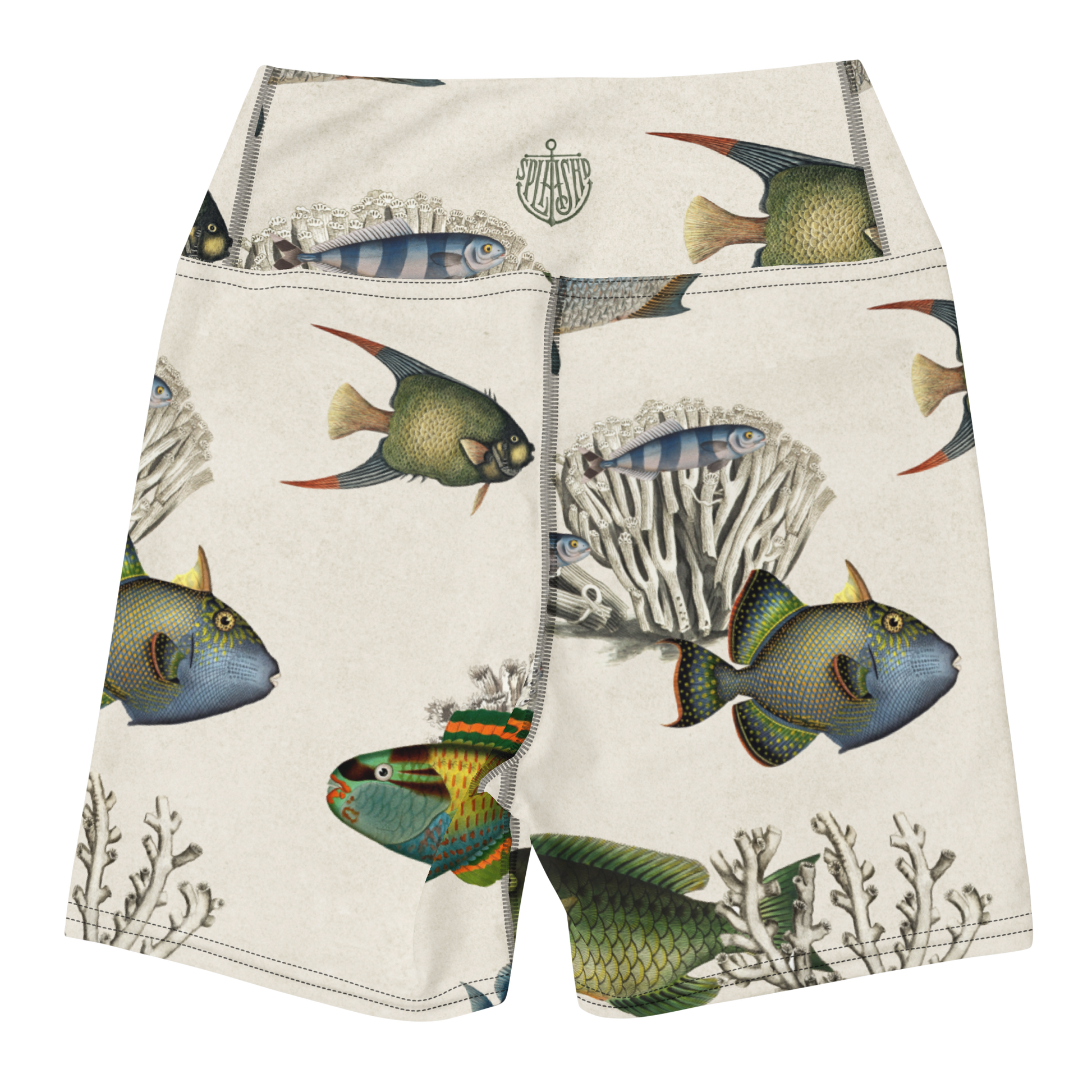 Krilling It! Swim Shorts featuring Soft cream background with delicate blue and green coral formations and fish engravings with warm hints of orange in a light, airy vintage scientific style, lightweight women’s swim shorts