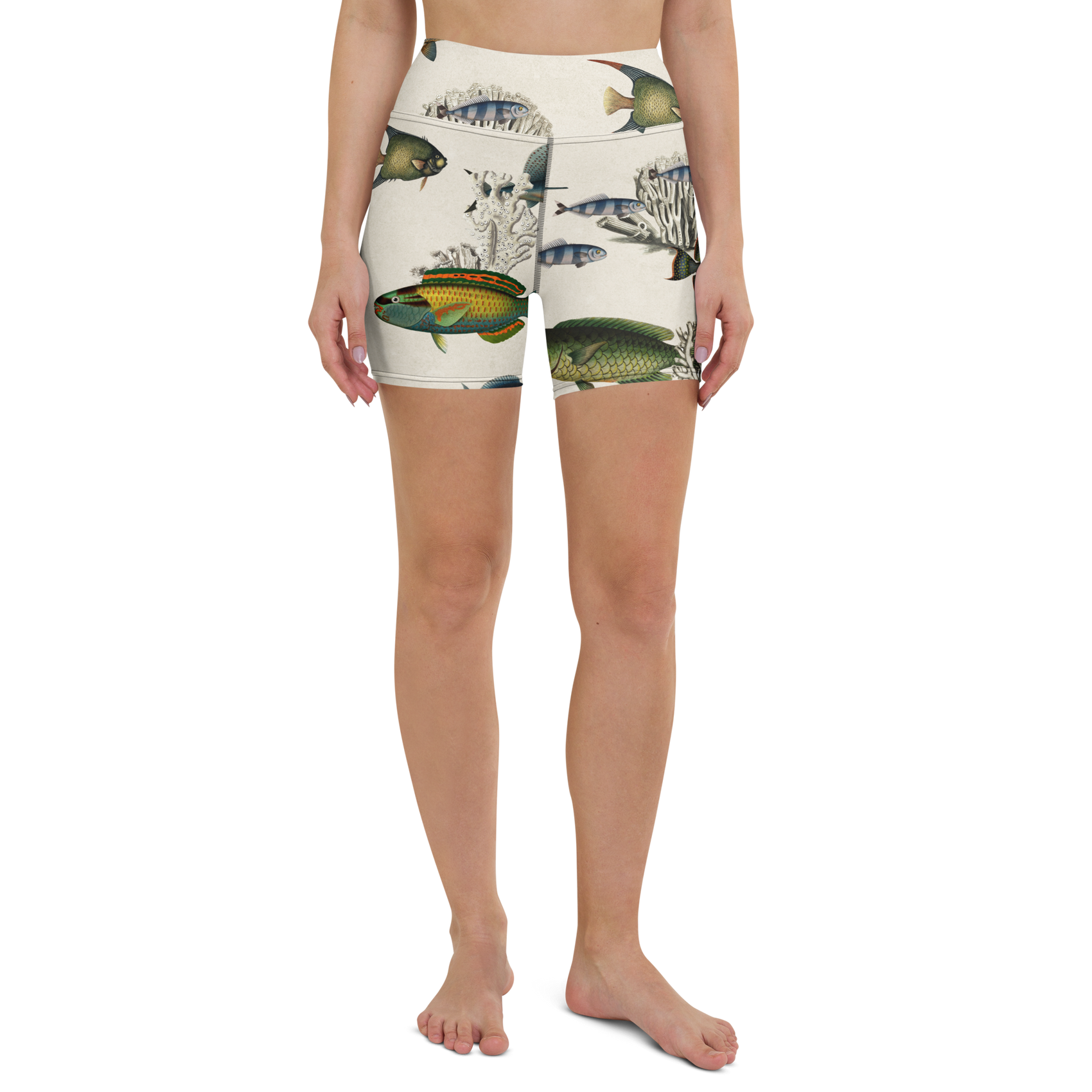 Krilling It! Swim Shorts featuring Soft cream background with delicate blue and green coral formations and fish engravings with warm hints of orange in a light, airy vintage scientific style, women’s swim shorts in vintage print