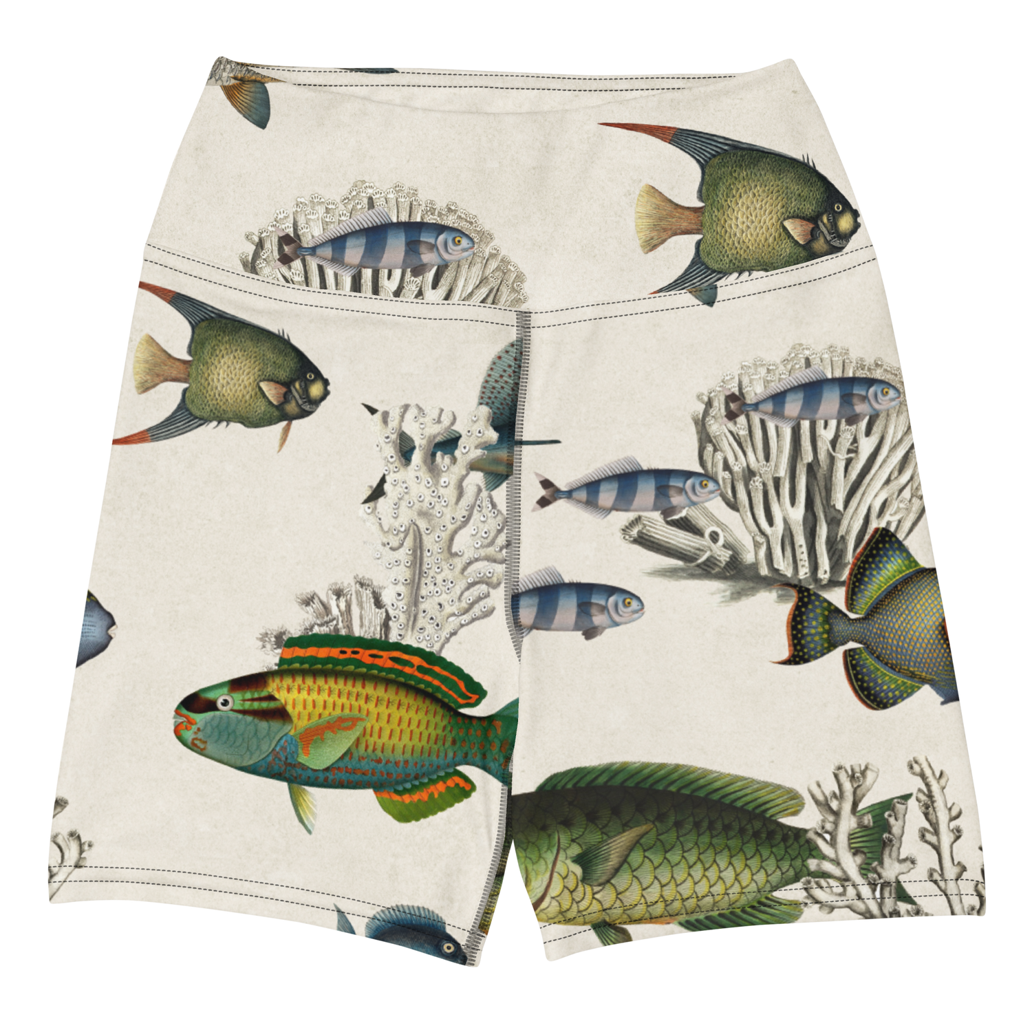 Krilling It! Swim Shorts featuring Soft cream background with delicate blue and green coral formations and fish engravings with warm hints of orange in a light, airy vintage scientific style, women’s swim shorts in vintage print