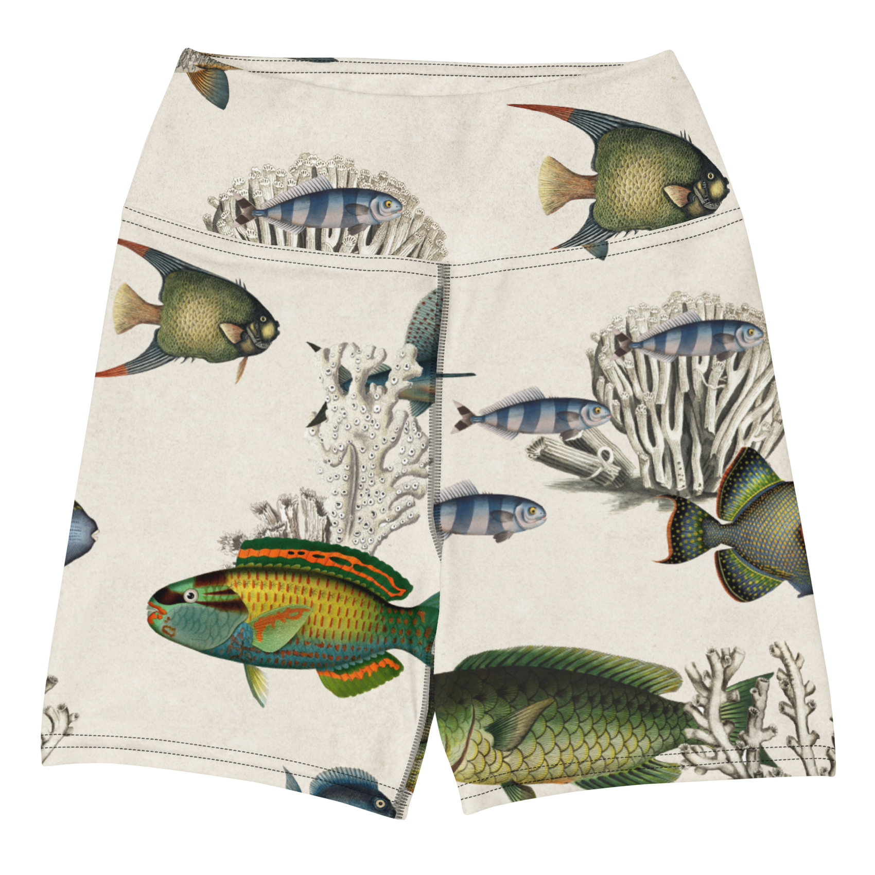 Krilling It! Swim Shorts featuring Soft cream background with delicate blue and green coral formations and fish engravings with warm hints of orange in a light, airy vintage scientific style, women’s swim shorts in vintage print