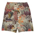 Kelp Calm And Coral On Swim Shorts featuring Moody brown background with layered Victorian marine engravings of coral, kelp and fish in deep purples, reds and burnt oranges, women’s swim shorts in vintage print