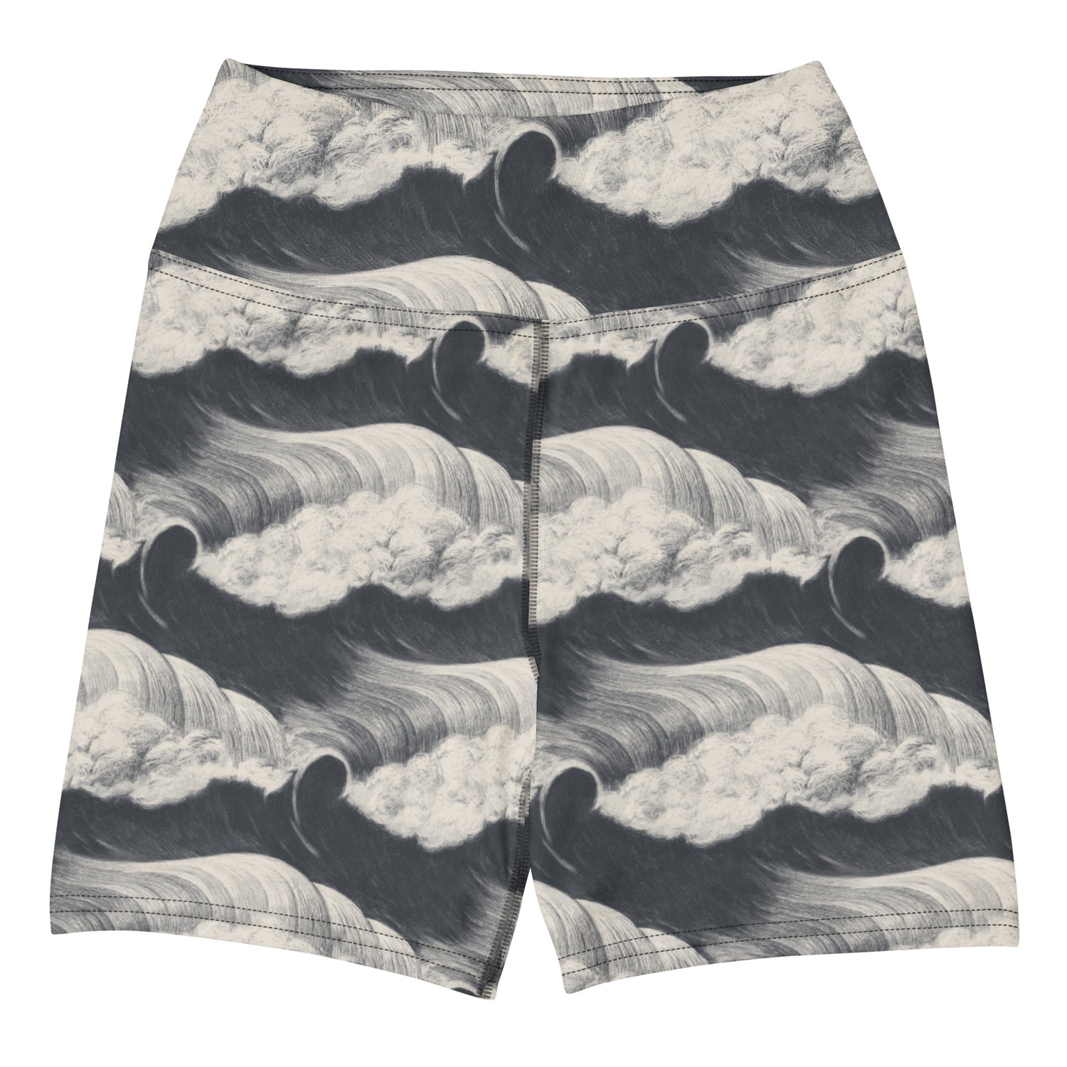 Tide and Seek Swim Shorts featuring Hypnotic repeating wave pattern in a moody palette, inspired by Japanese woodblock print tradition with rolling rhythmic movement, women’s swim shorts in vintage print